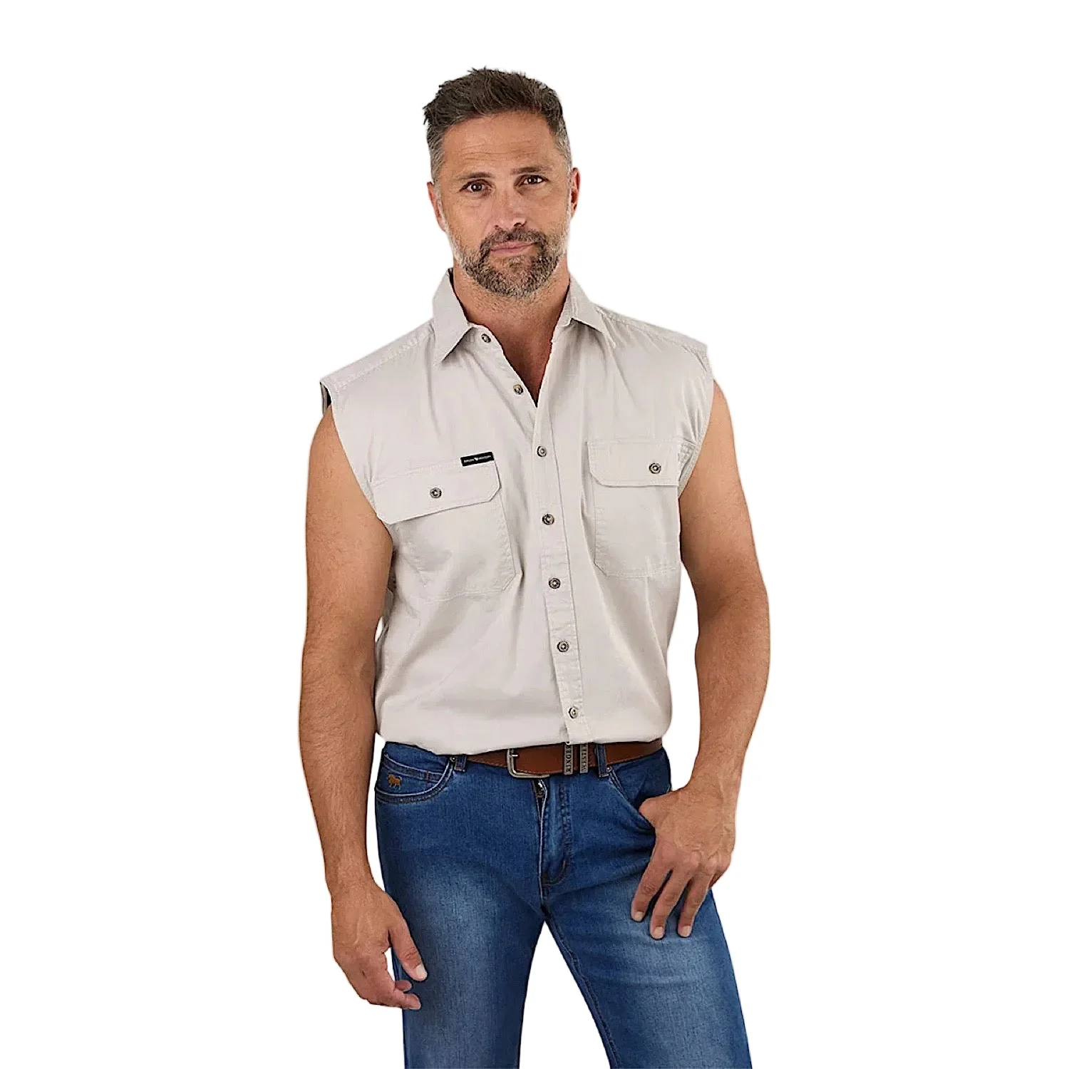 Ringers Western Men's Rob Roy Sleeveless Full Button Work Shirt - Beige