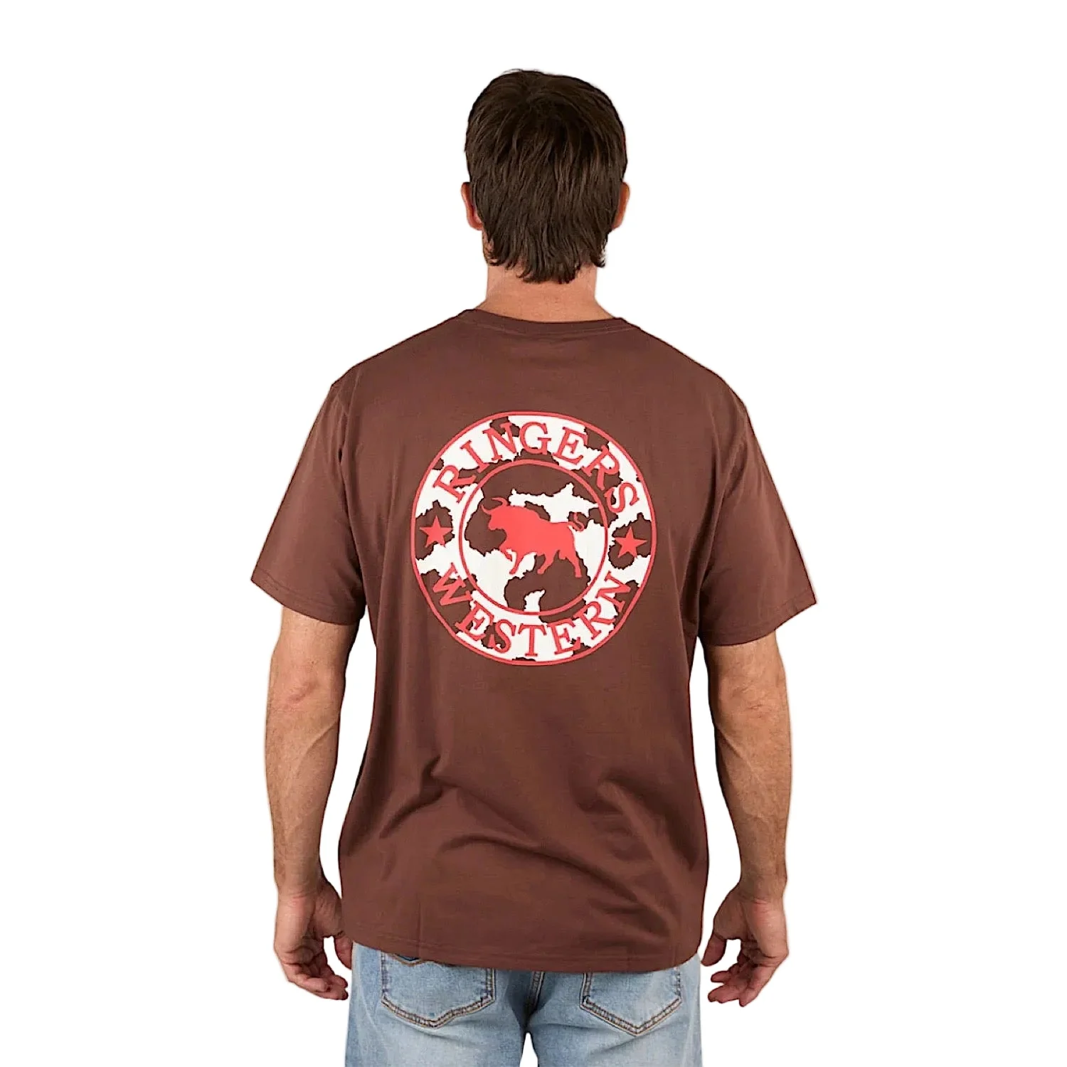 Ringers Western Men's Signature Bull Loose T-Shirt - Chocolate/Red/Cow Print
