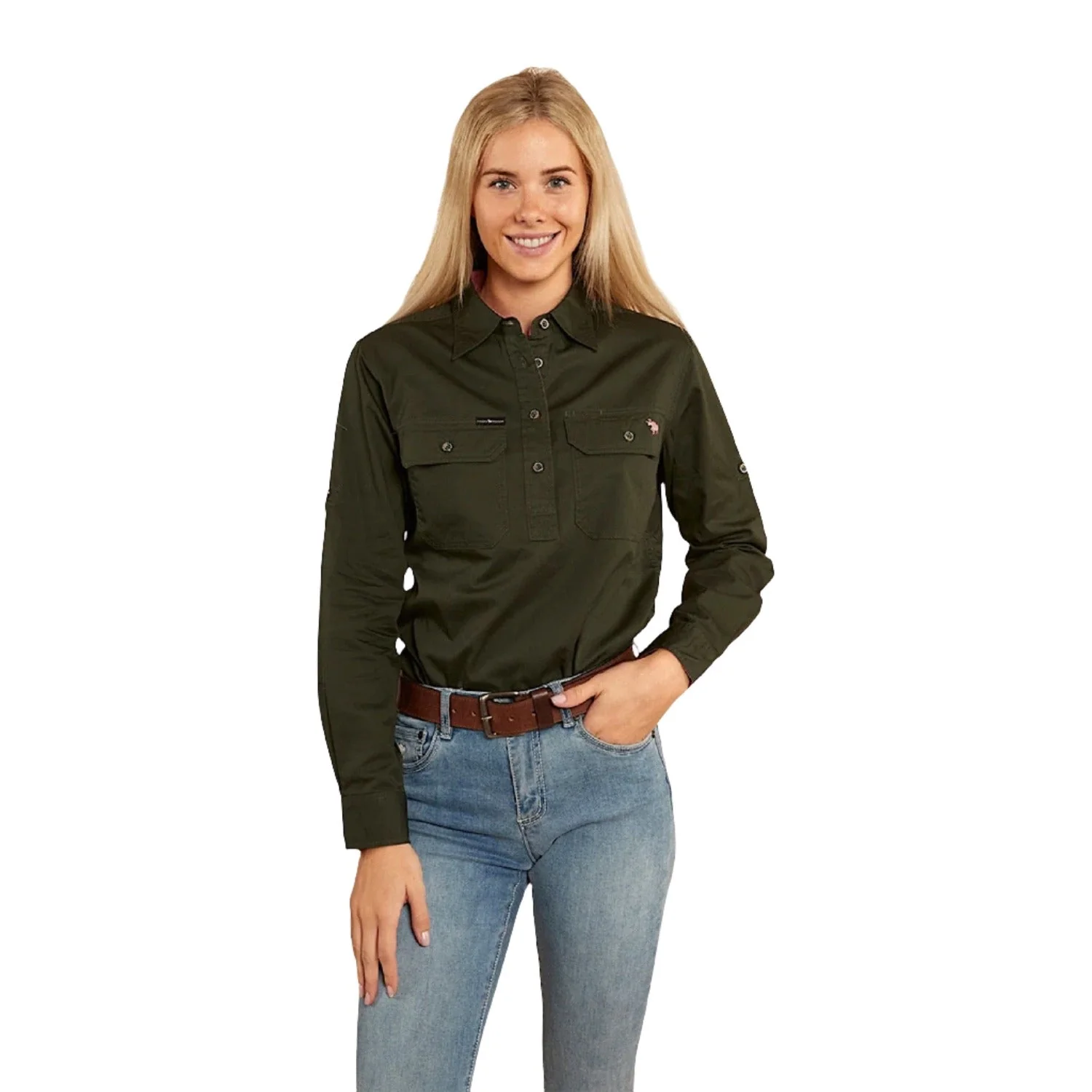 Ringers Western Women's Pentecost River Half Button Work Shirt - Cargo Khaki