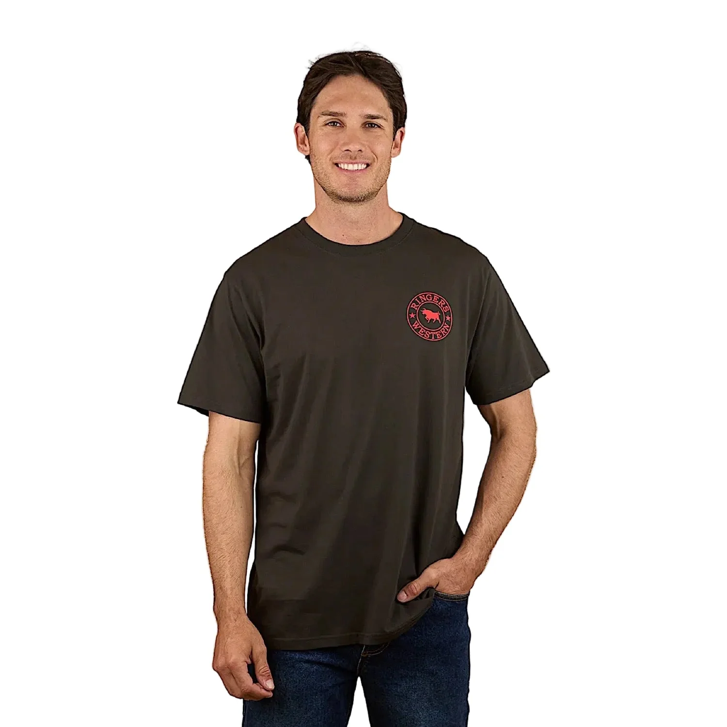 Ringers Western Signature Bull Men's Loose T-Shirt - Charcoal/Red - Image 2