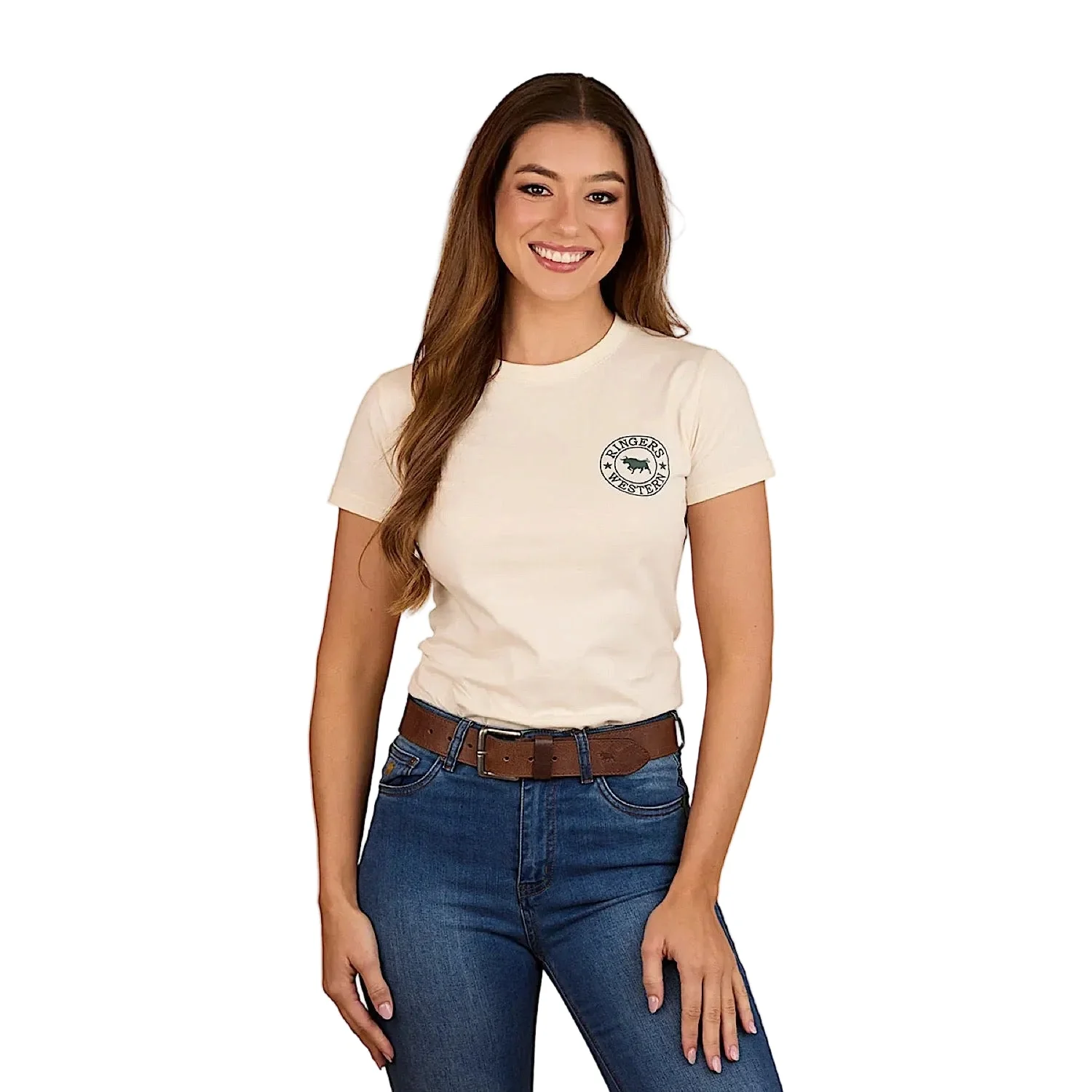 Ringers Western Women's Signature Bull Classic Fit T-Shirt - Off White/Pine - Image 2