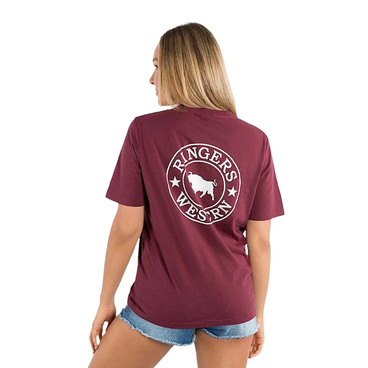Ringers Western Signature Bull Women's Loose T-Shirt - Burgundy with White Print - Image 3
