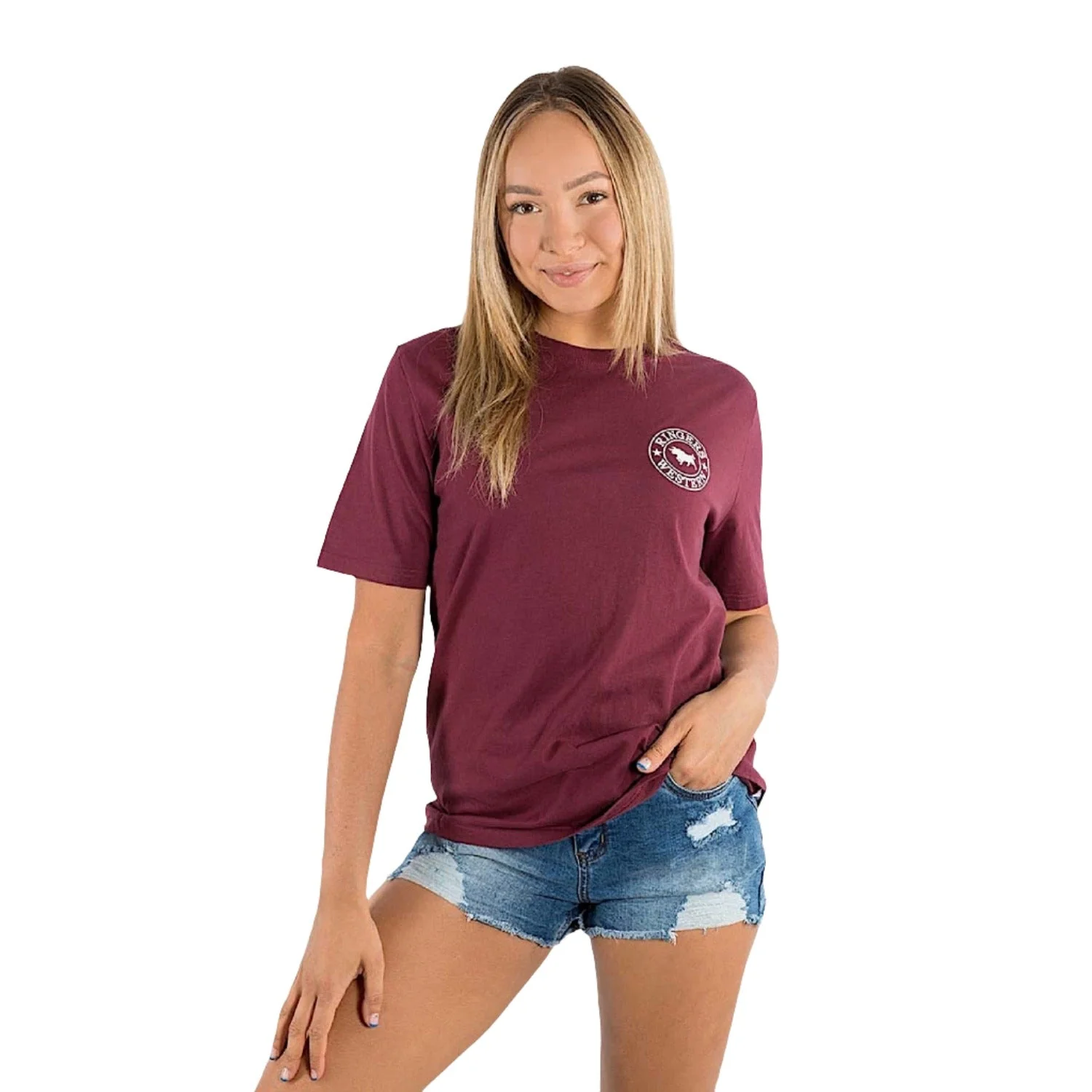 Ringers Western Signature Bull Women's Loose T-Shirt - Burgundy with White Print - Image 4