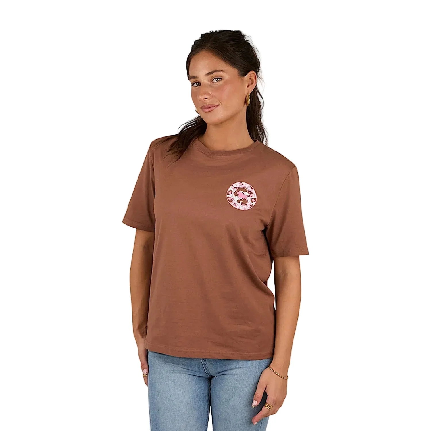Ringers Western Signature Bull Women's Loose T-Shirt - Saddle Brown/Cow Print