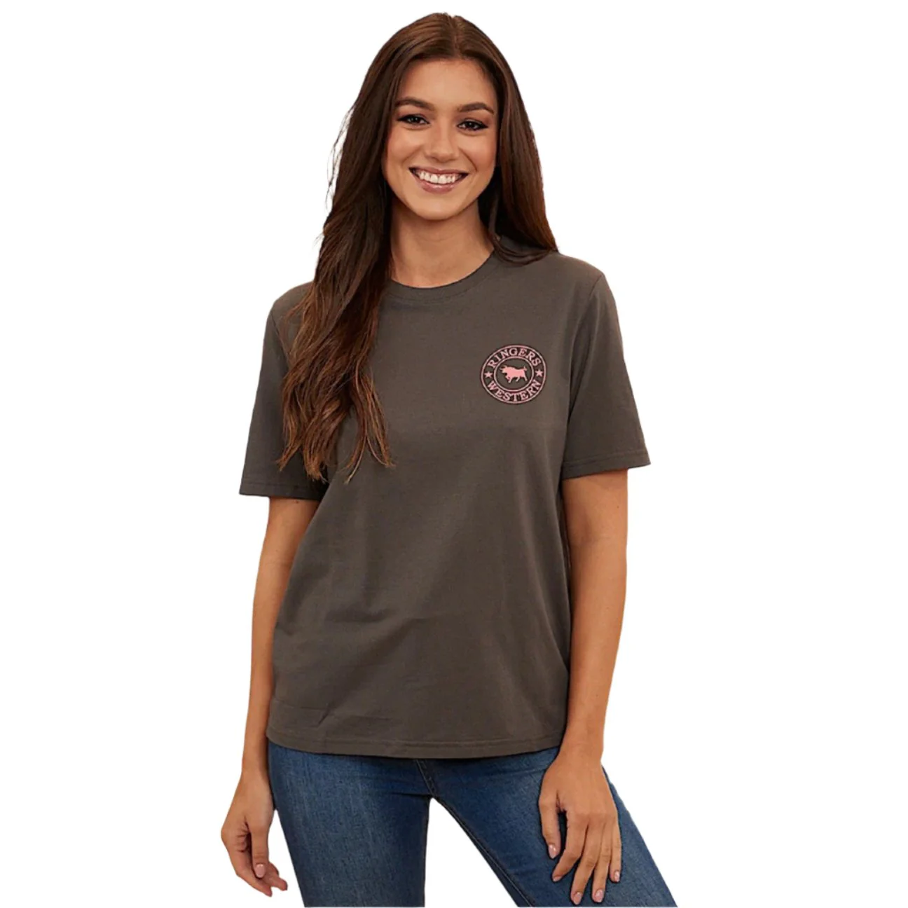 Ringers Western Women's Signature Bull Women's Loose T-Shirt - Vintage Black with Strawberry Print - Image 2