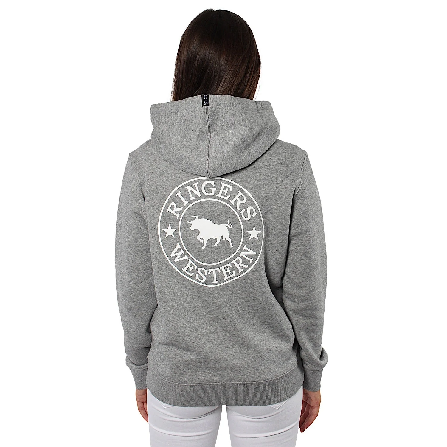 Ringers Western Signature Bull Women's Pullover Hoodie - Grey Marle with White Print - Image 3