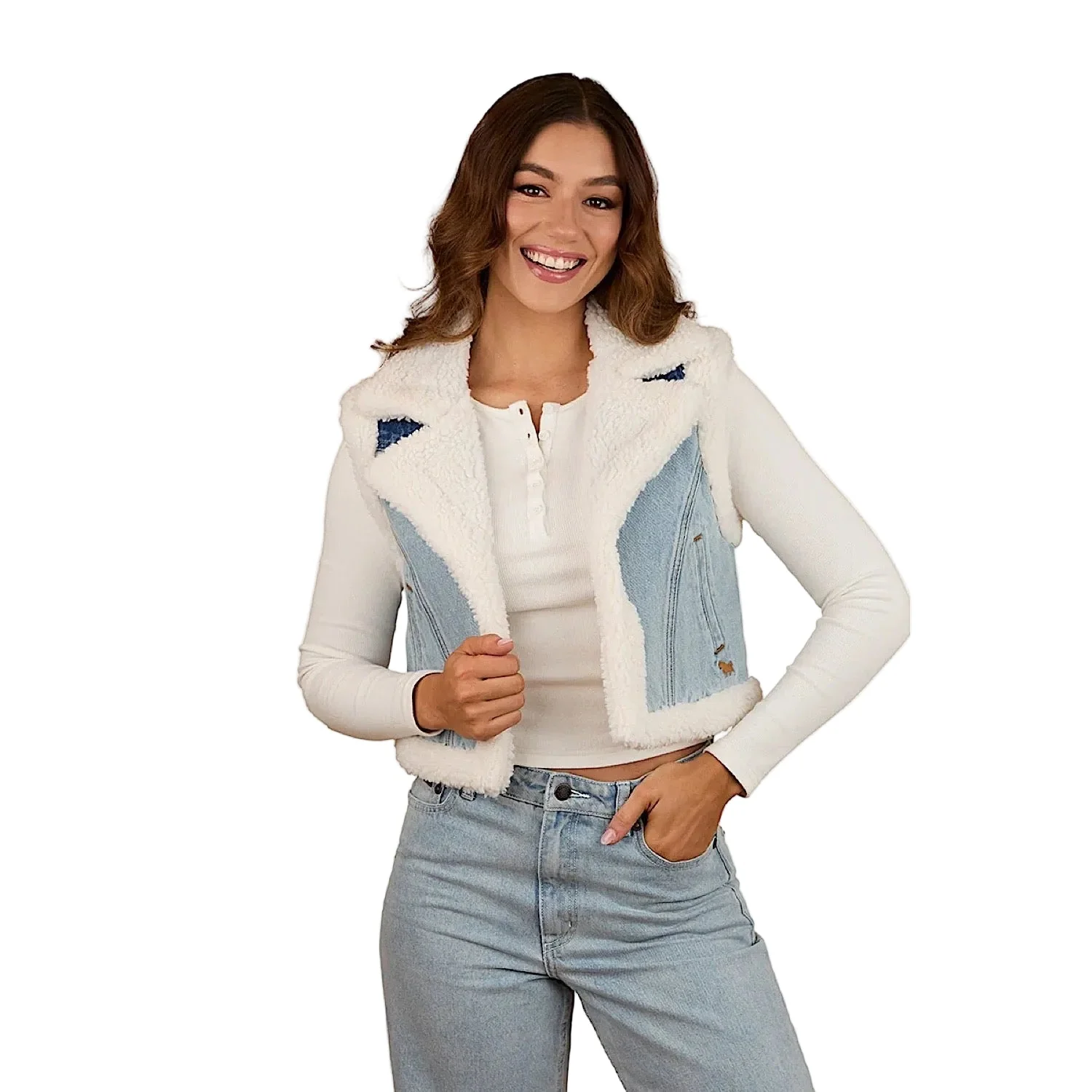 Ringers Western Women's Amaya Denim Sherpa Vest - Vintage Light Blue/Dark Mid Blue