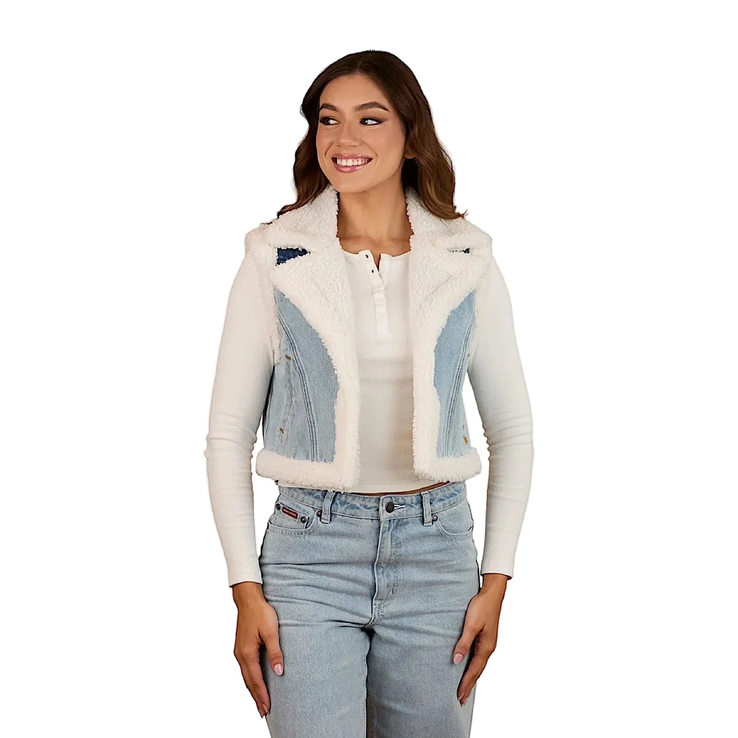 Ringers Western Women's Amaya Denim Sherpa Vest - Vintage Light Blue/Dark Mid Blue - Image 4