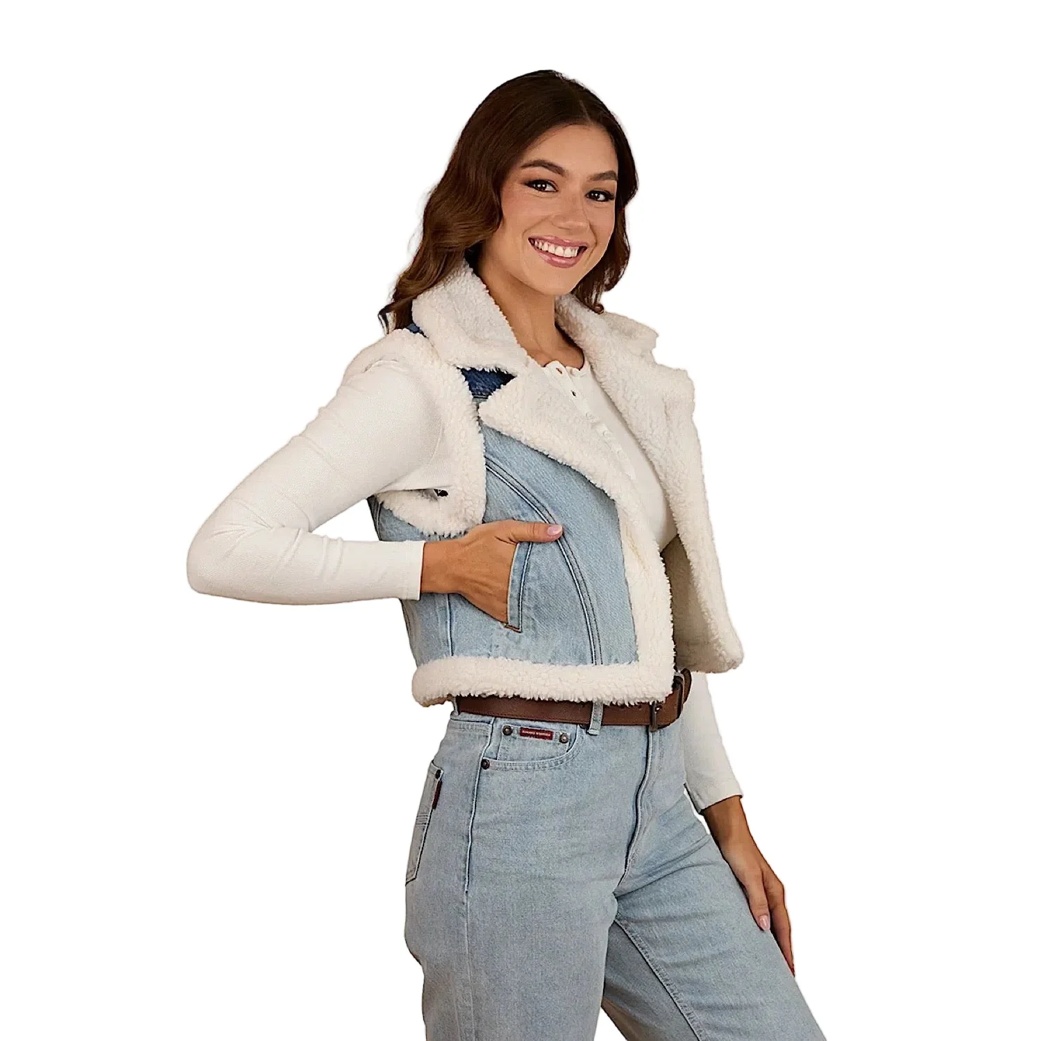 Ringers Western Women's Amaya Denim Sherpa Vest - Vintage Light Blue/Dark Mid Blue - Image 6