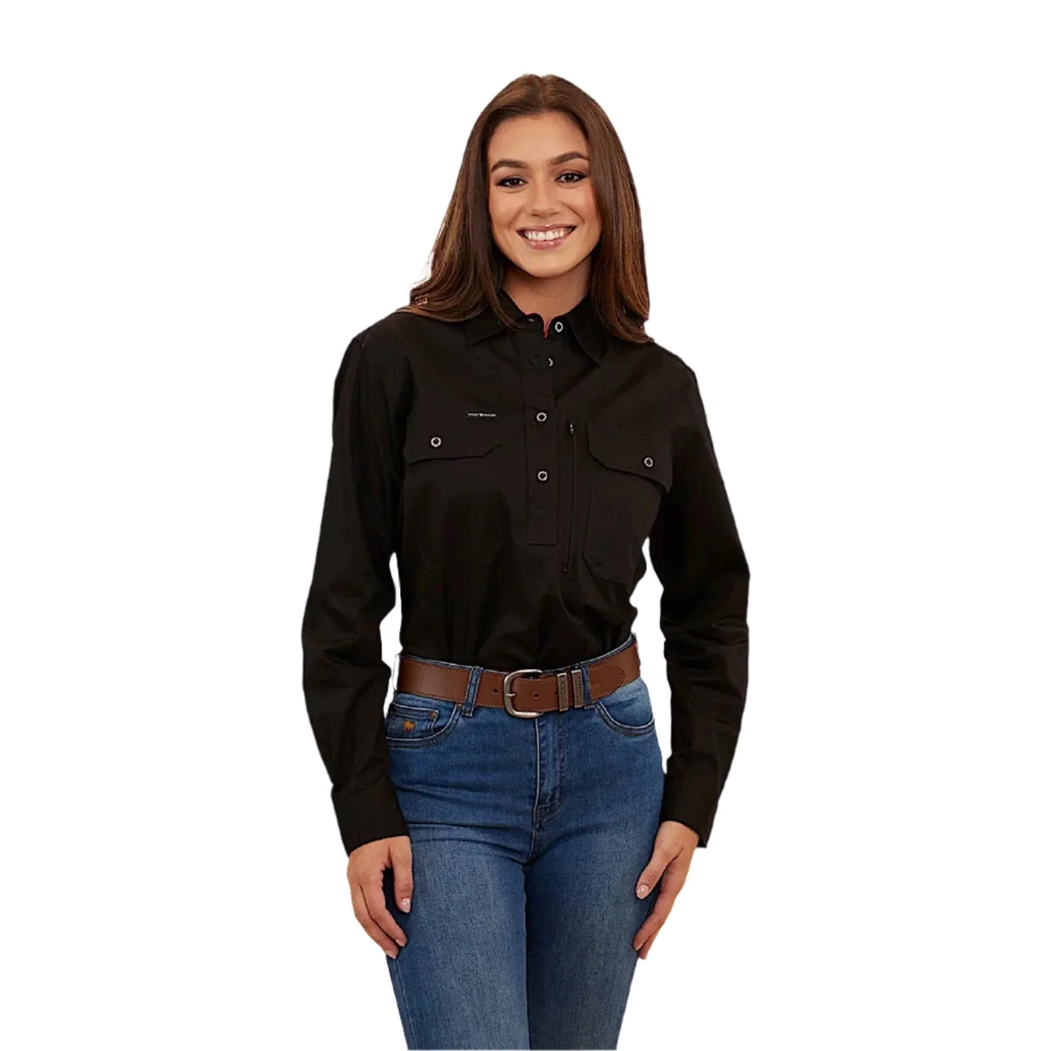 Ringers Western Women's Hereford Half Button Work Shirt - Black/Melon