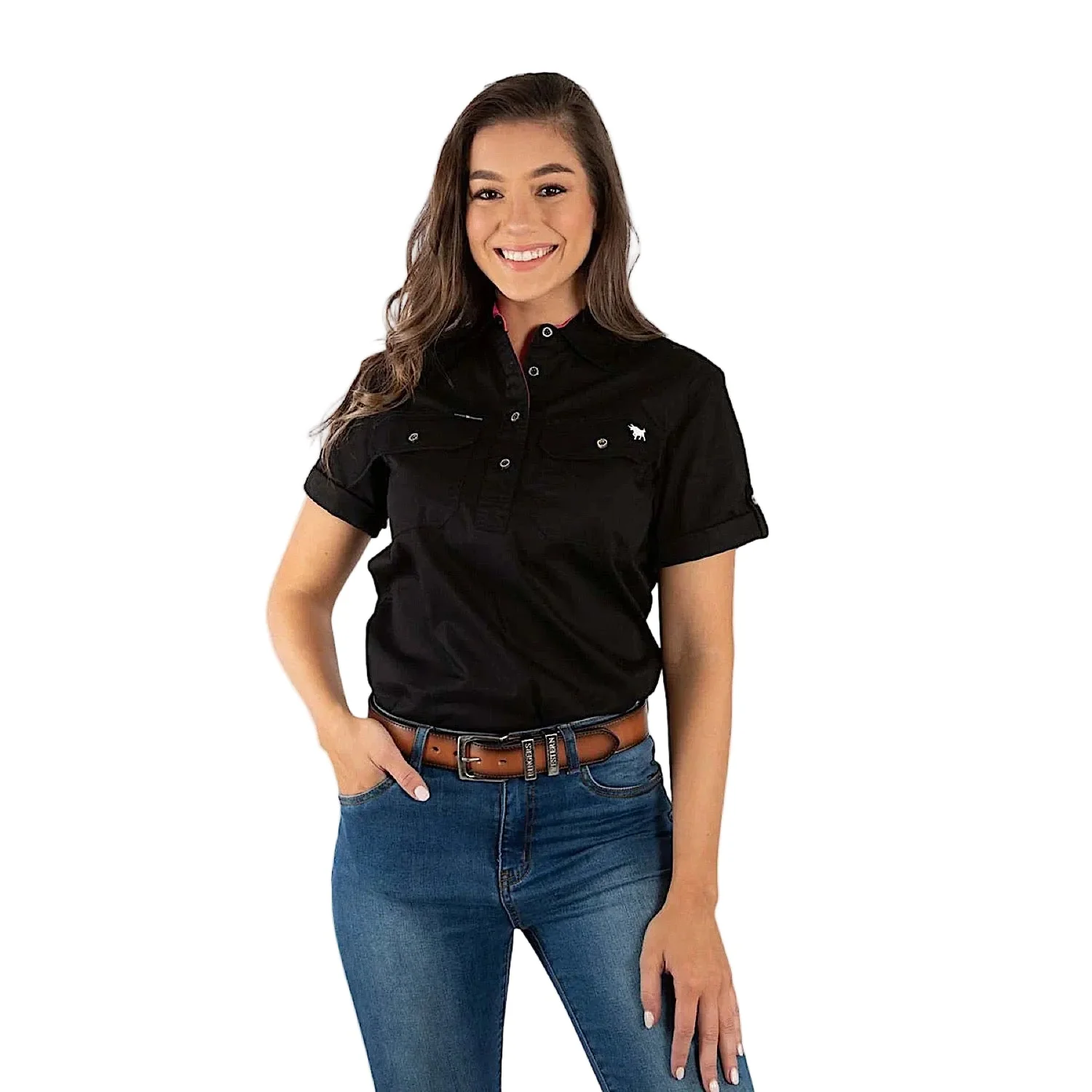 Ringers Western Women's Jules Half Button Short Sleeve Work Shirt - Black/Melon