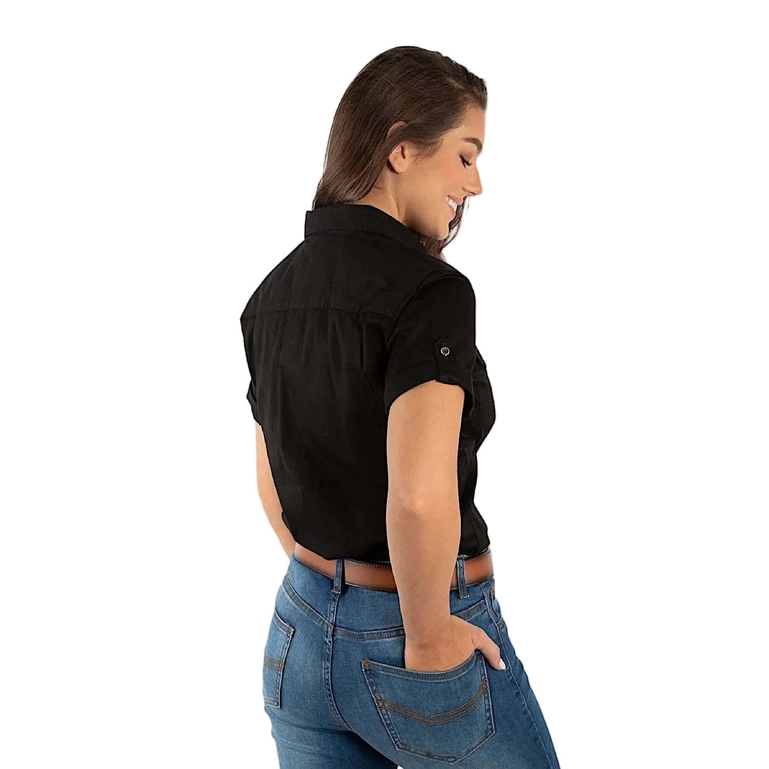 Ringers Western Women's Jules Half Button Short Sleeve Work Shirt - Black/Melon - Image 2