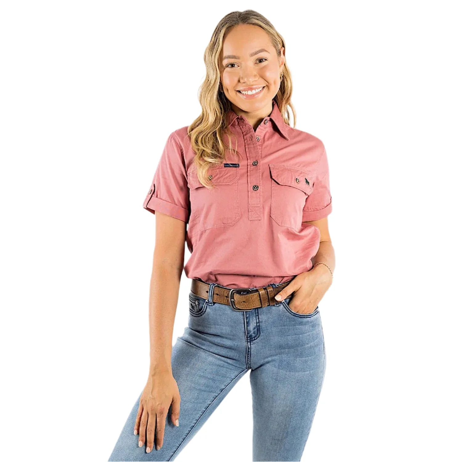 Ringers Western Women's Jules Half Button Short Sleeve Work Shirt - Dusty Rose