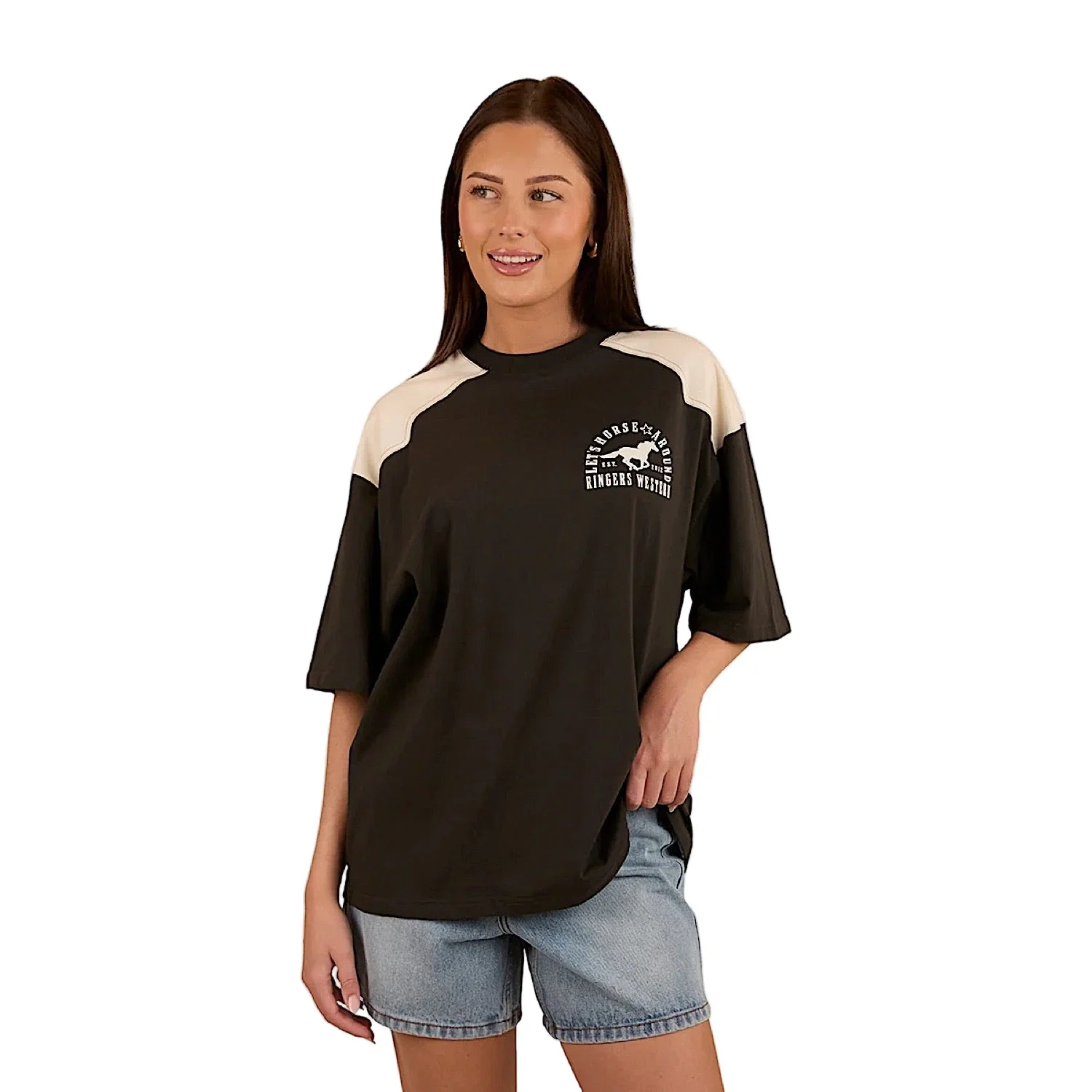 Ringers Western Women's Let's Horse Around Oversized T-Shirt - Washed Black/Off White