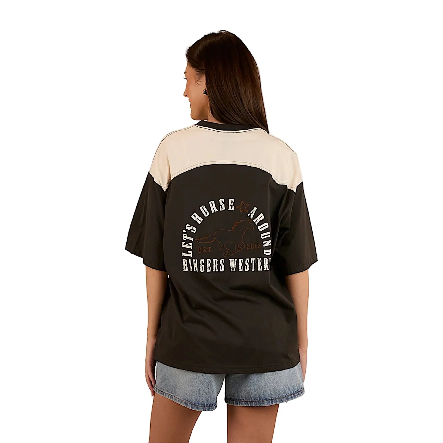 Ringers Western Women's Let's Horse Around Oversized T-Shirt - Washed Black/Off White - Image 2