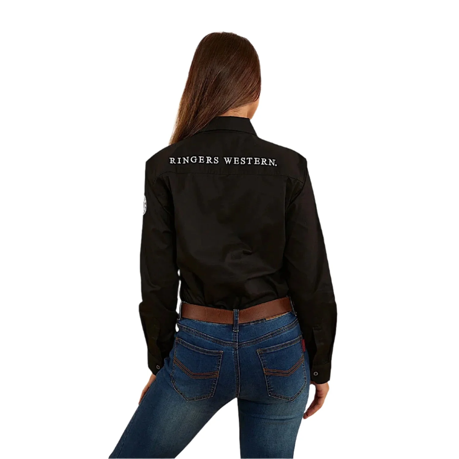 Ringers Western Women's Longdale Half Button Work Shirt - Black/Melon - Image 3