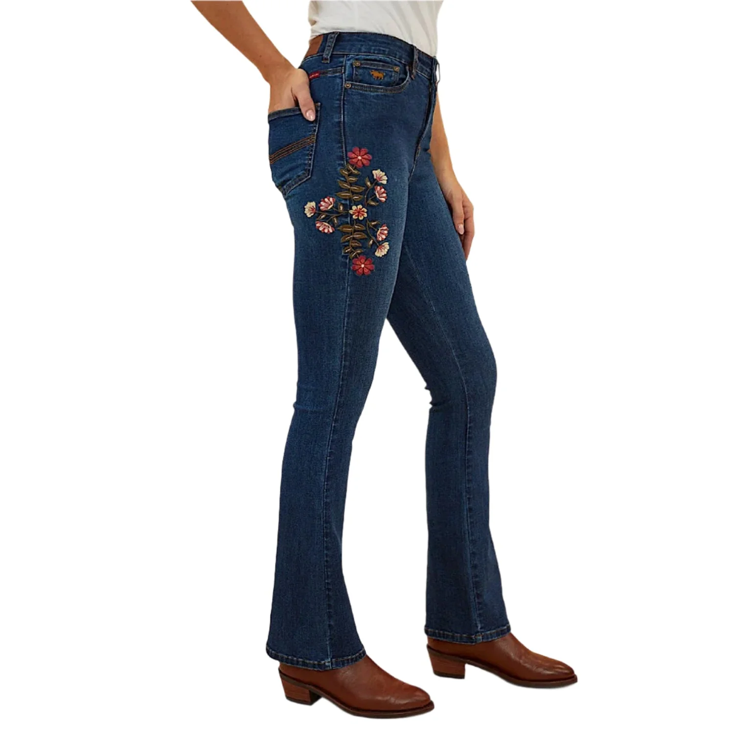 Ringers Western Women's Penny Rodeo High Rise Bootleg Jean - Classic Blue Floral Embroidery