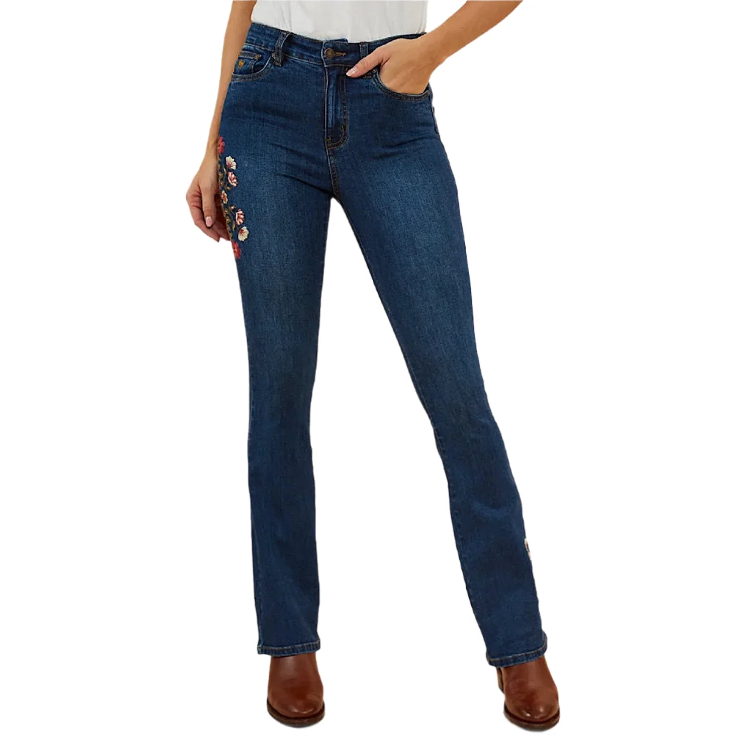 Ringers Western Women's Penny Rodeo High Rise Bootleg Jean - Classic Blue Floral Embroidery - Image 2