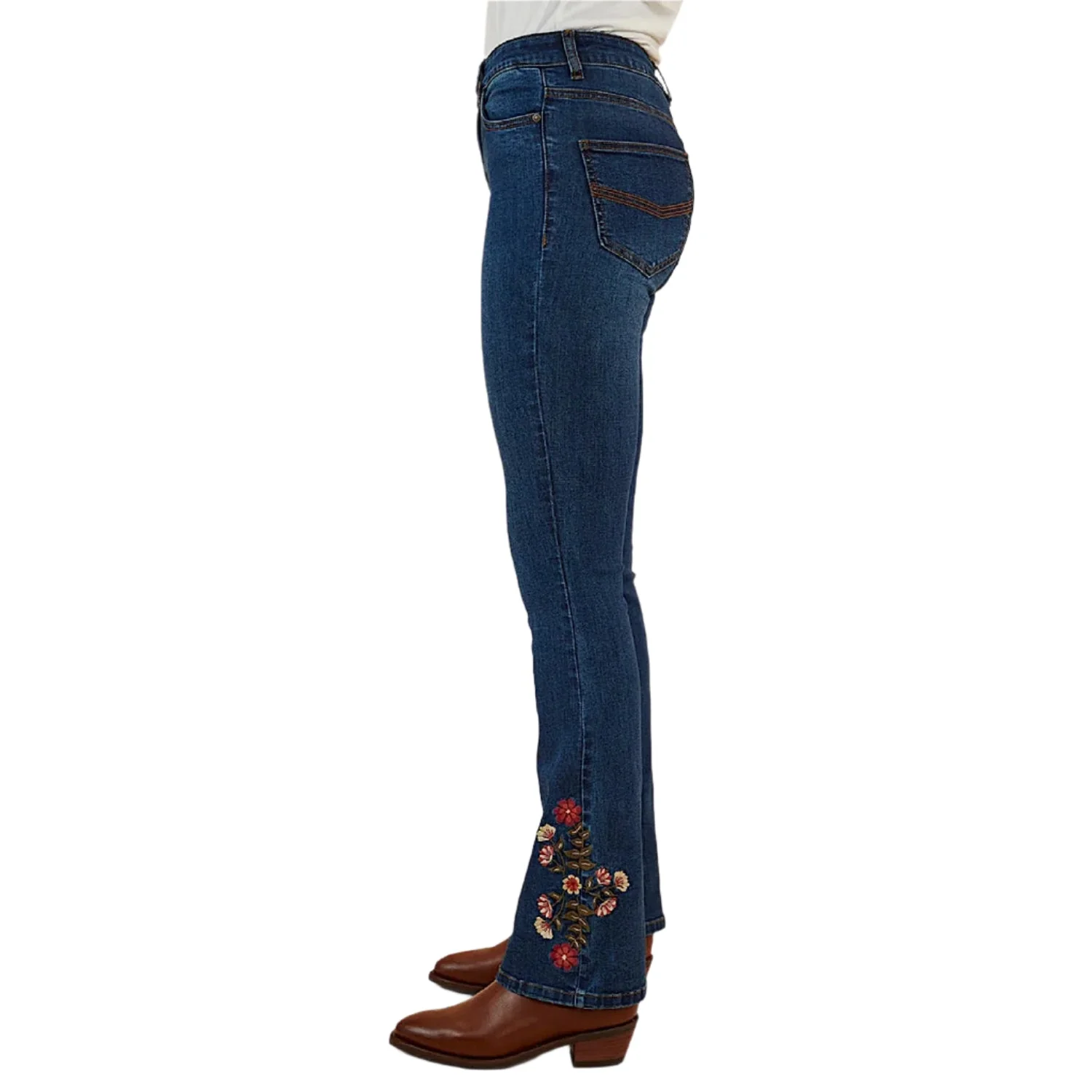 Ringers Western Women's Penny Rodeo High Rise Bootleg Jean - Classic Blue Floral Embroidery - Image 3