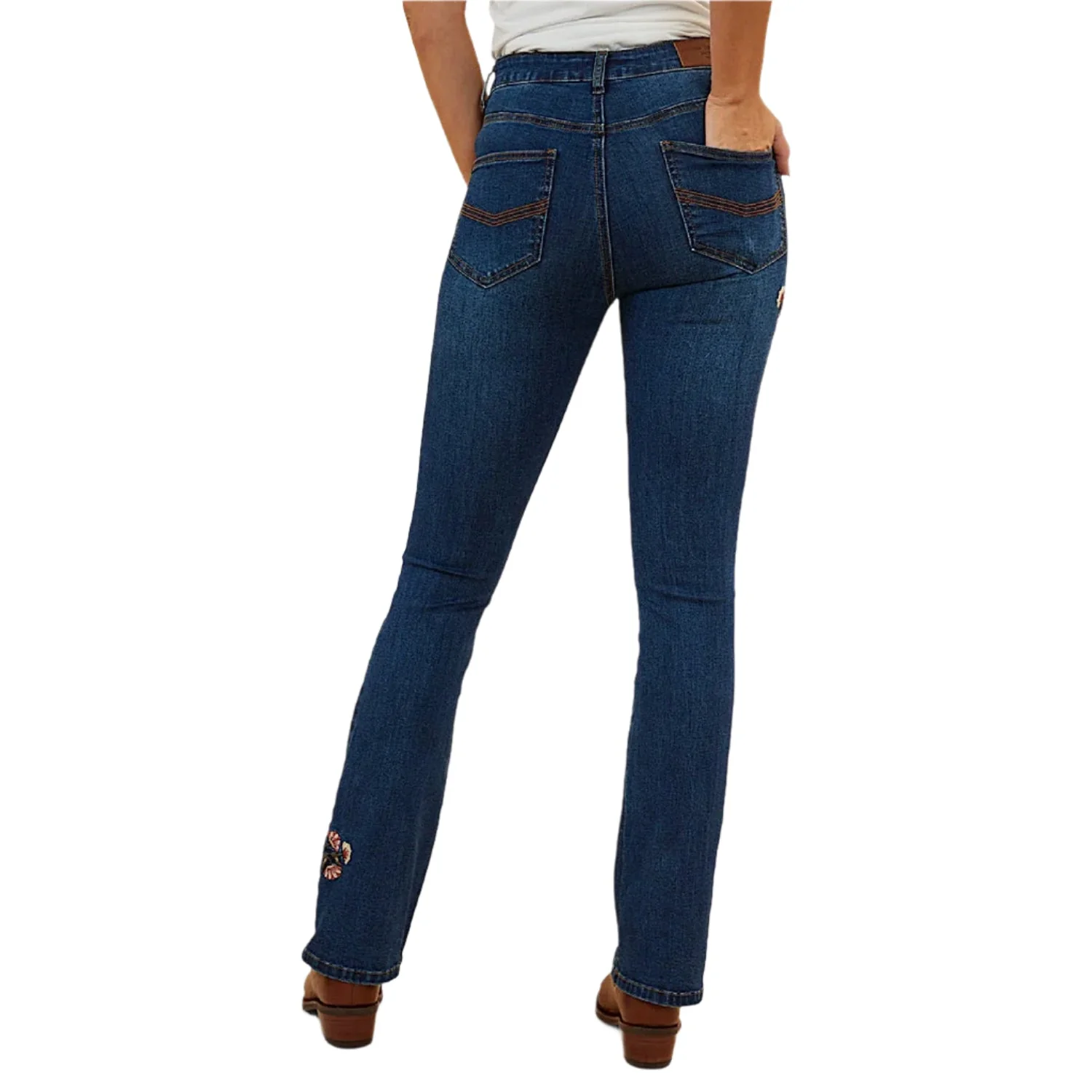 Ringers Western Women's Penny Rodeo High Rise Bootleg Jean - Classic Blue Floral Embroidery - Image 4