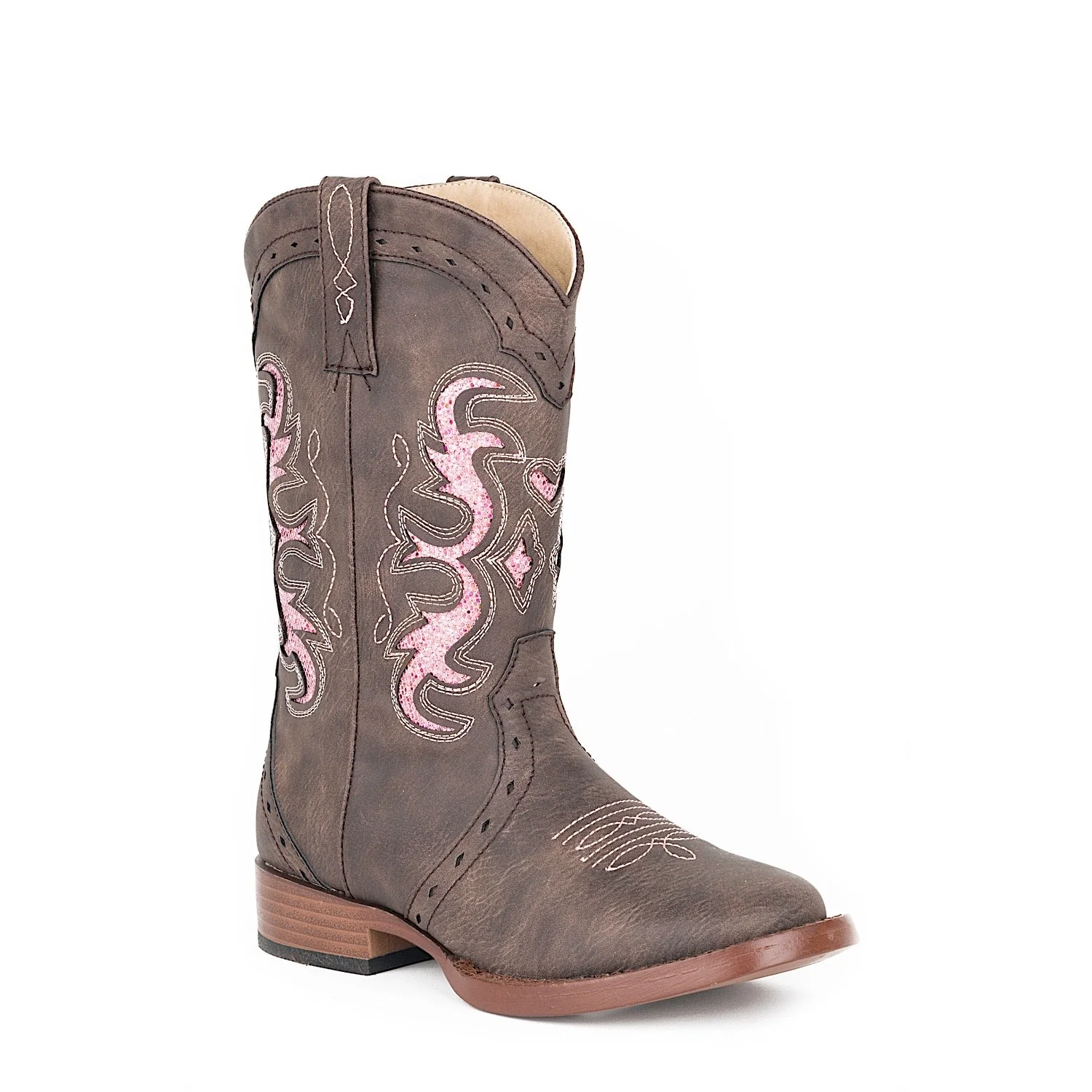 Roper BIG KIDS Lexi Square Toe Western Boot - Chocolate / Pink Glitter