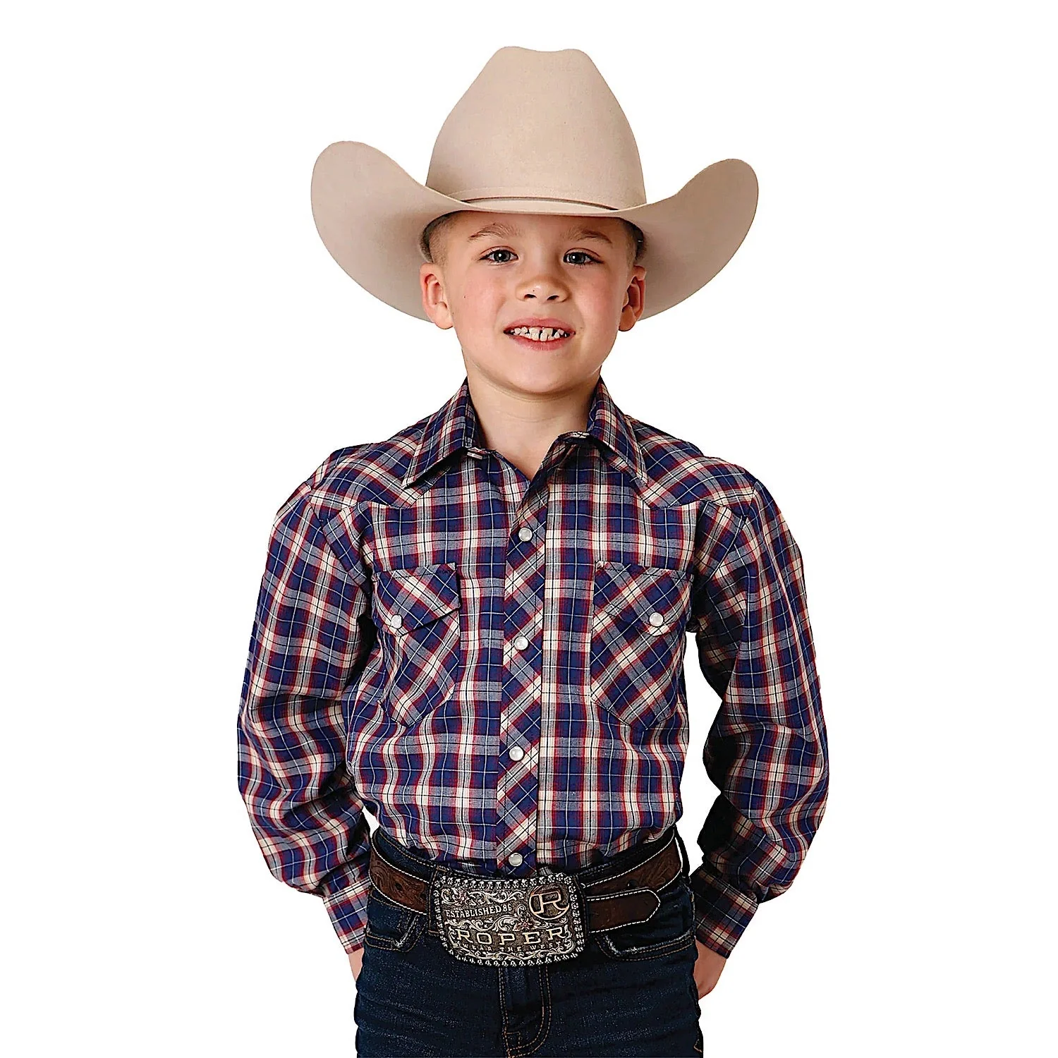 Roper Boy's Karman Classic Collection Shirt - Plaid Navy / Red / Cream Windowpane