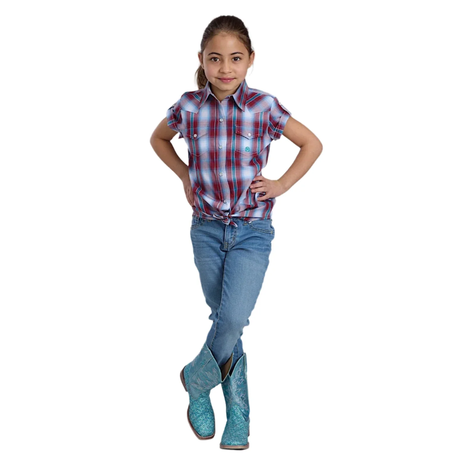 Roper Girl's Amarillo Collection Short Sleeve Shirt - Plaid Red - Image 3