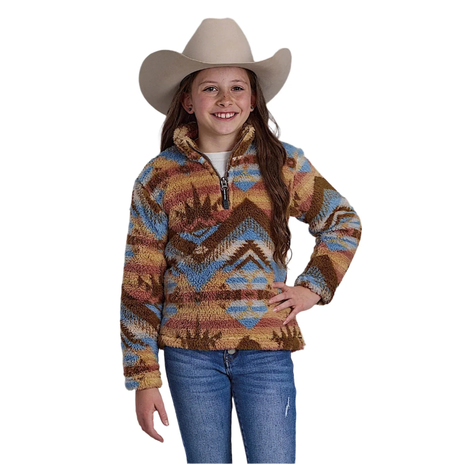 Roper Girl's Fleece Pullover - Brown Aztec Print