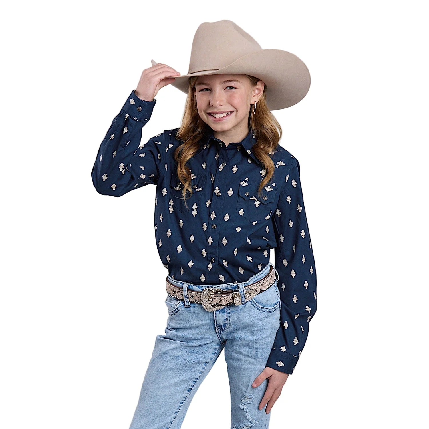 Roper Girl's West Made Collection Long Sleeve Print Shirt - Blue Ombre Aztecs
