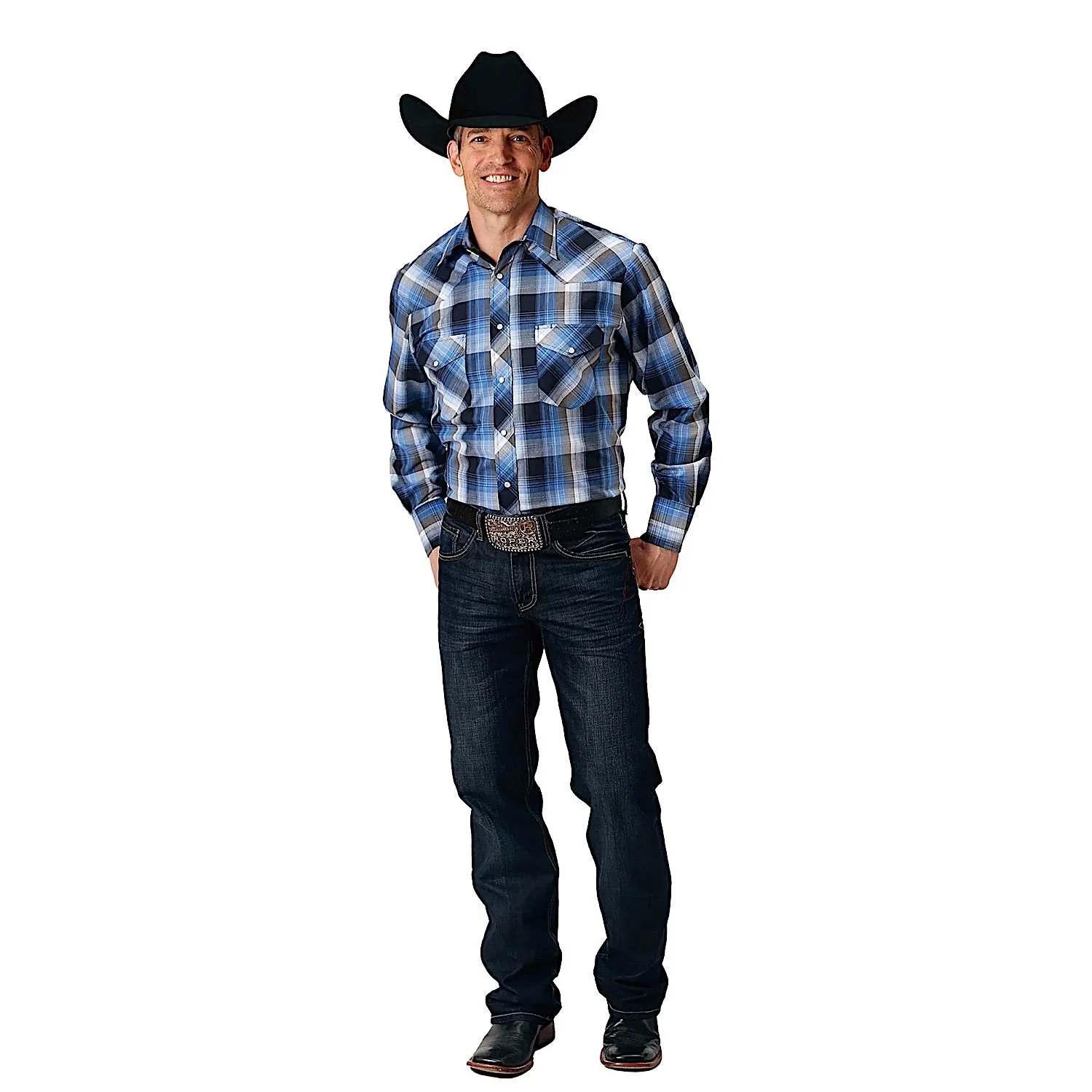 Roper Mens Karman Classic 55/45 Collection L/S Shirt Plaid Blue - Image 3