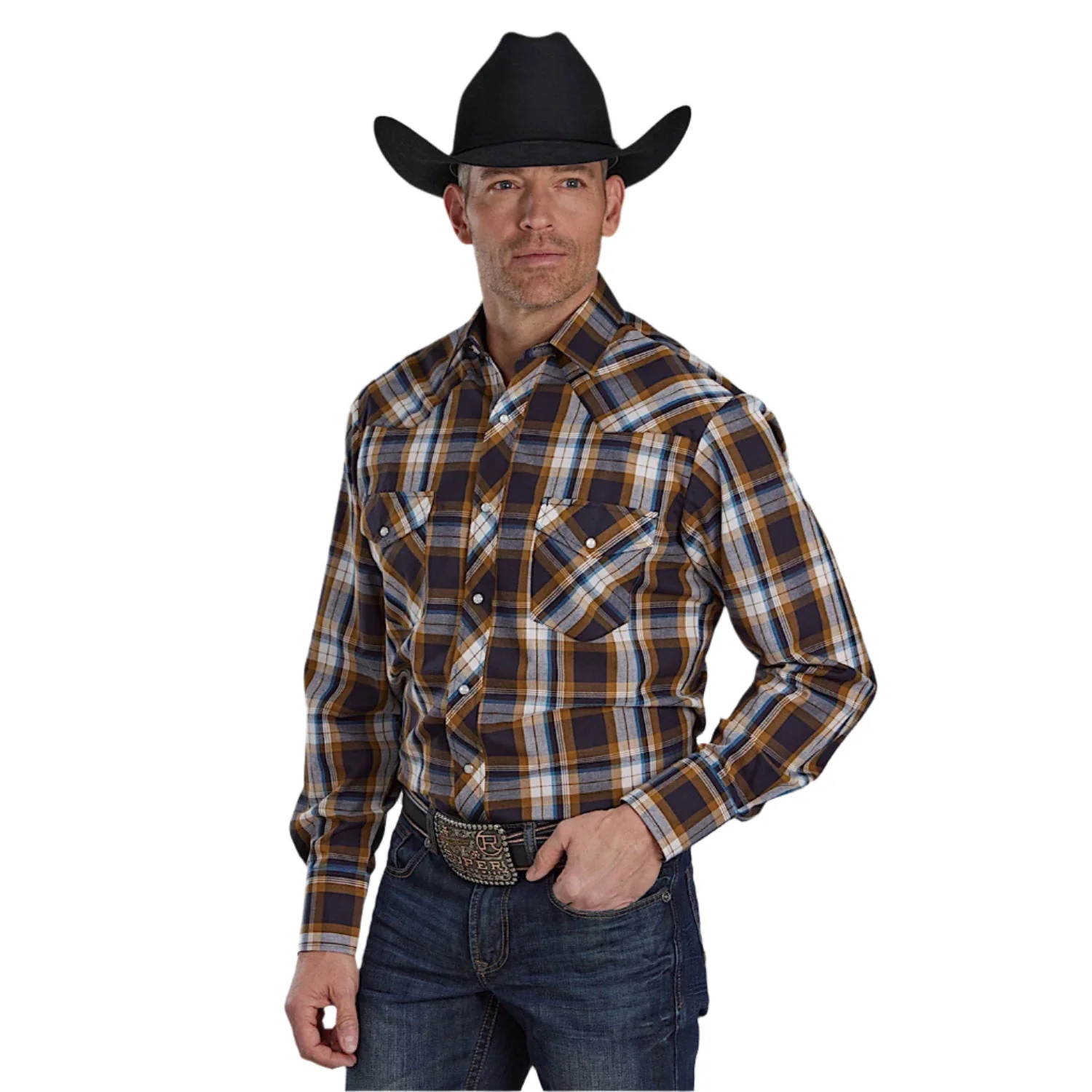 Roper Men's Karman Classics 55/45 Shirt - Caramel/Navy/Teal Plaid