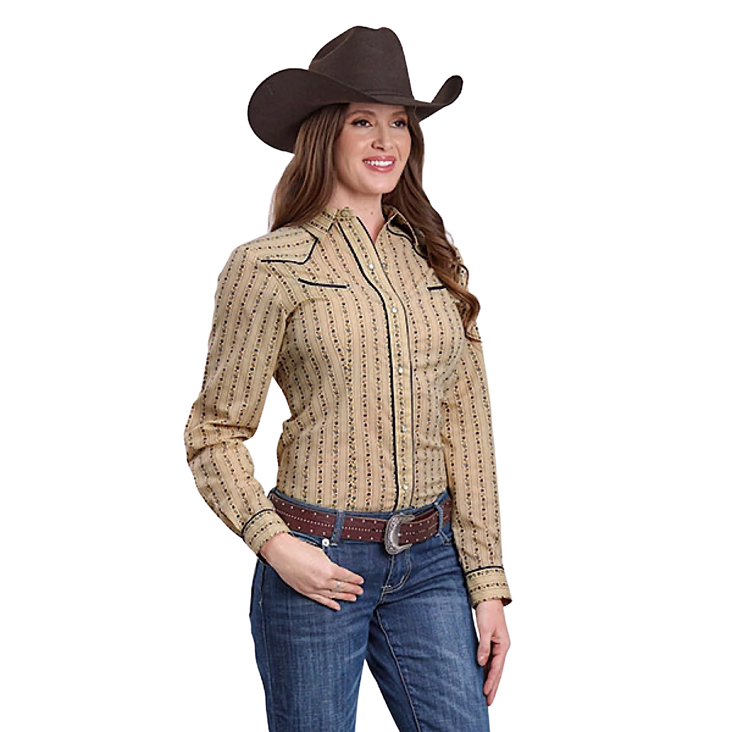 Roper Women's Karman Special Style Collection Shirt Wallpaper Print - Tan