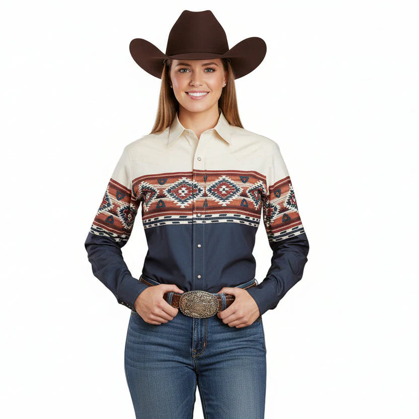 Roper Women's Vintage Collection Shirt - Aztec Print Blue / White / Orange