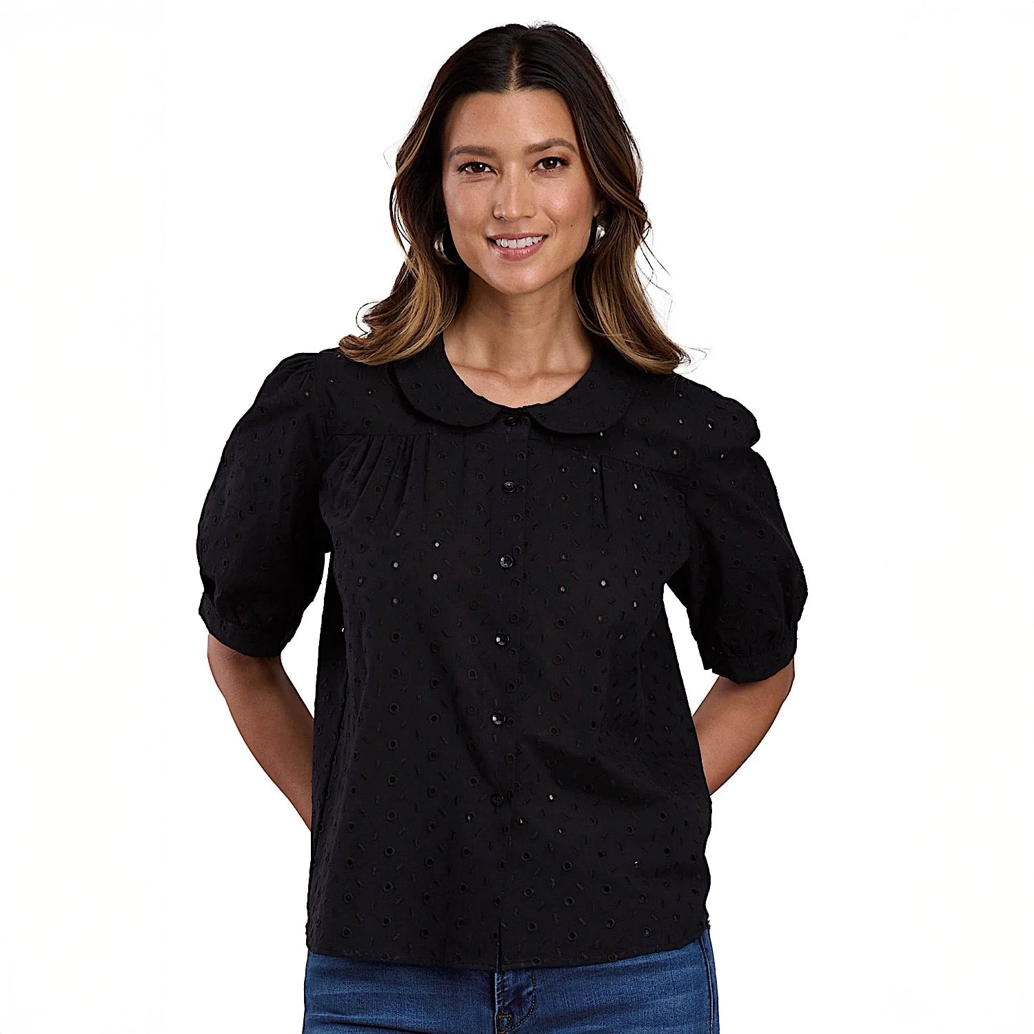 Stetson Women's Cotton Lawn Eyelet Blouse - Black