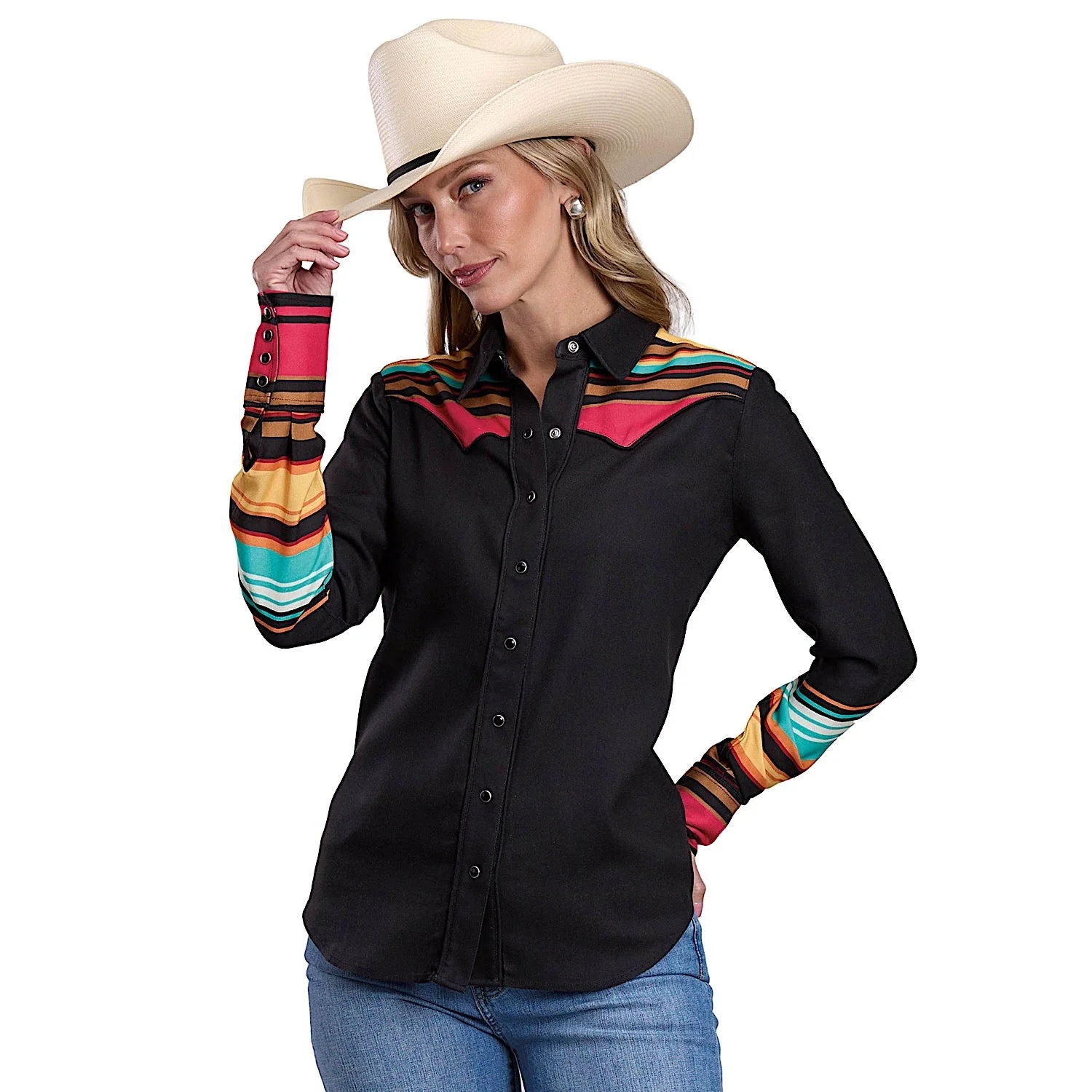 Stetson Women's Stripe Border Print Shirt - Black / Multi Aztec Print