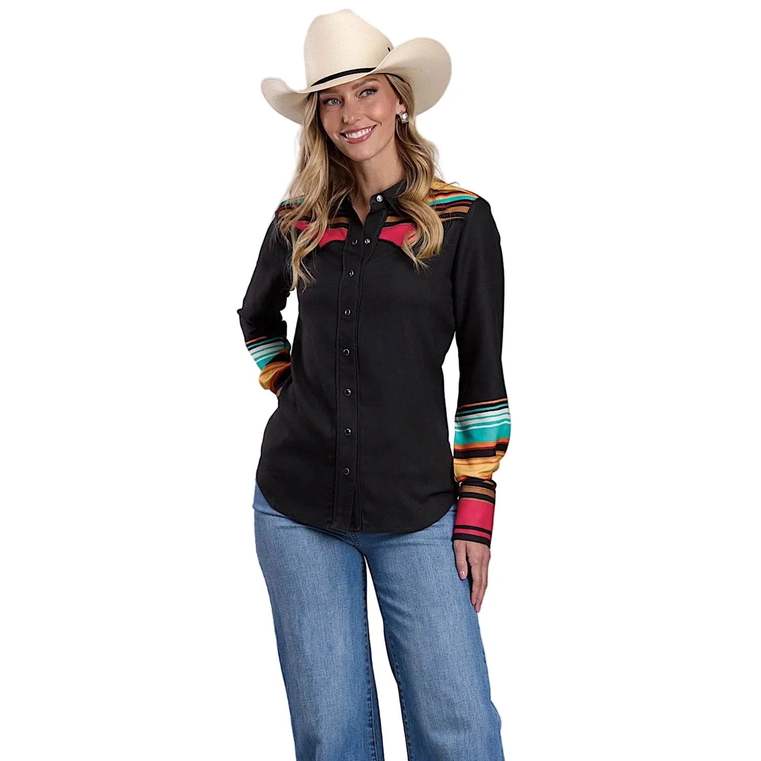 Stetson Women's Stripe Border Print Shirt - Black / Multi Aztec Print - Image 3