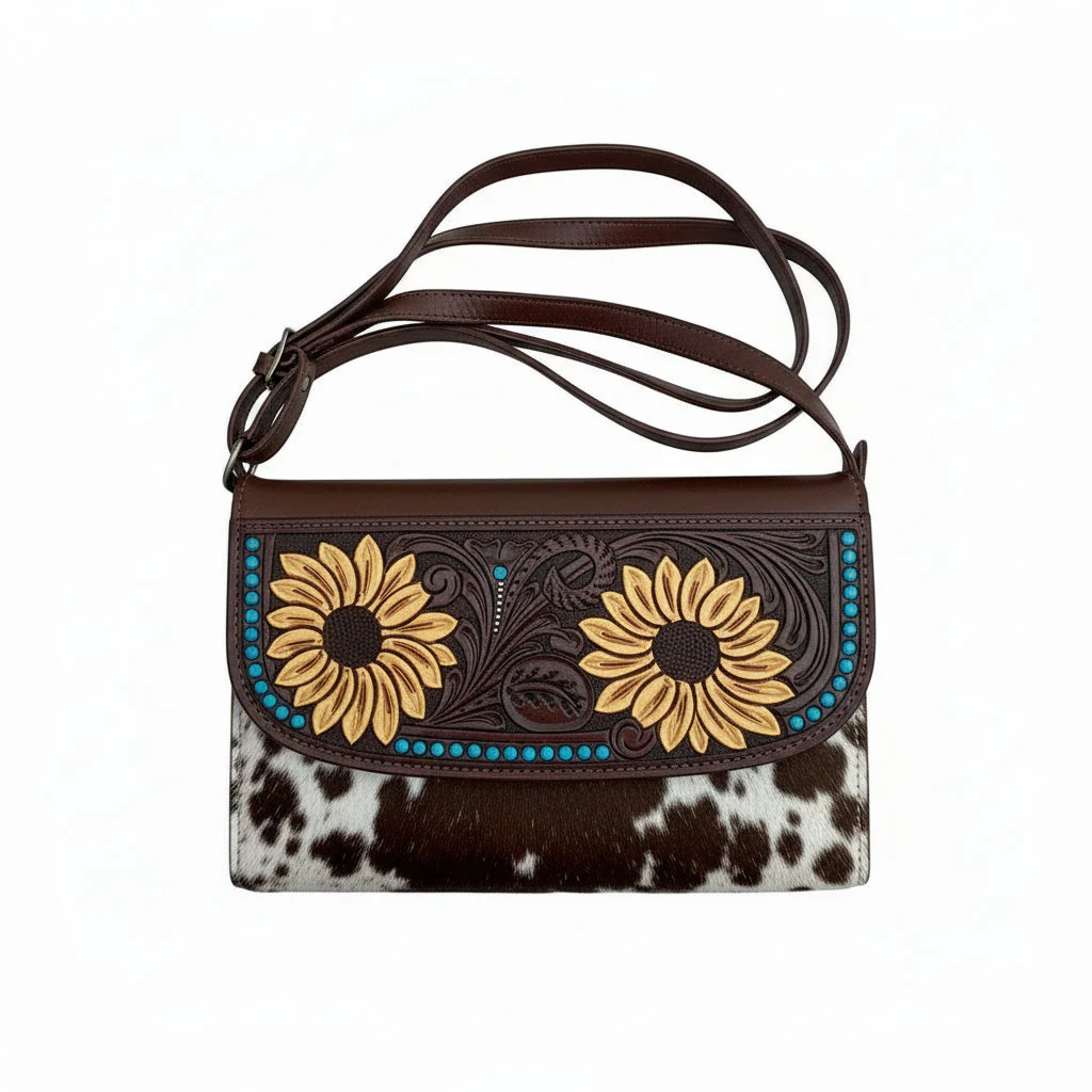 The Design Edge Women's Cowhide Sunflower Tooling Leather Wallet Bag – Brown