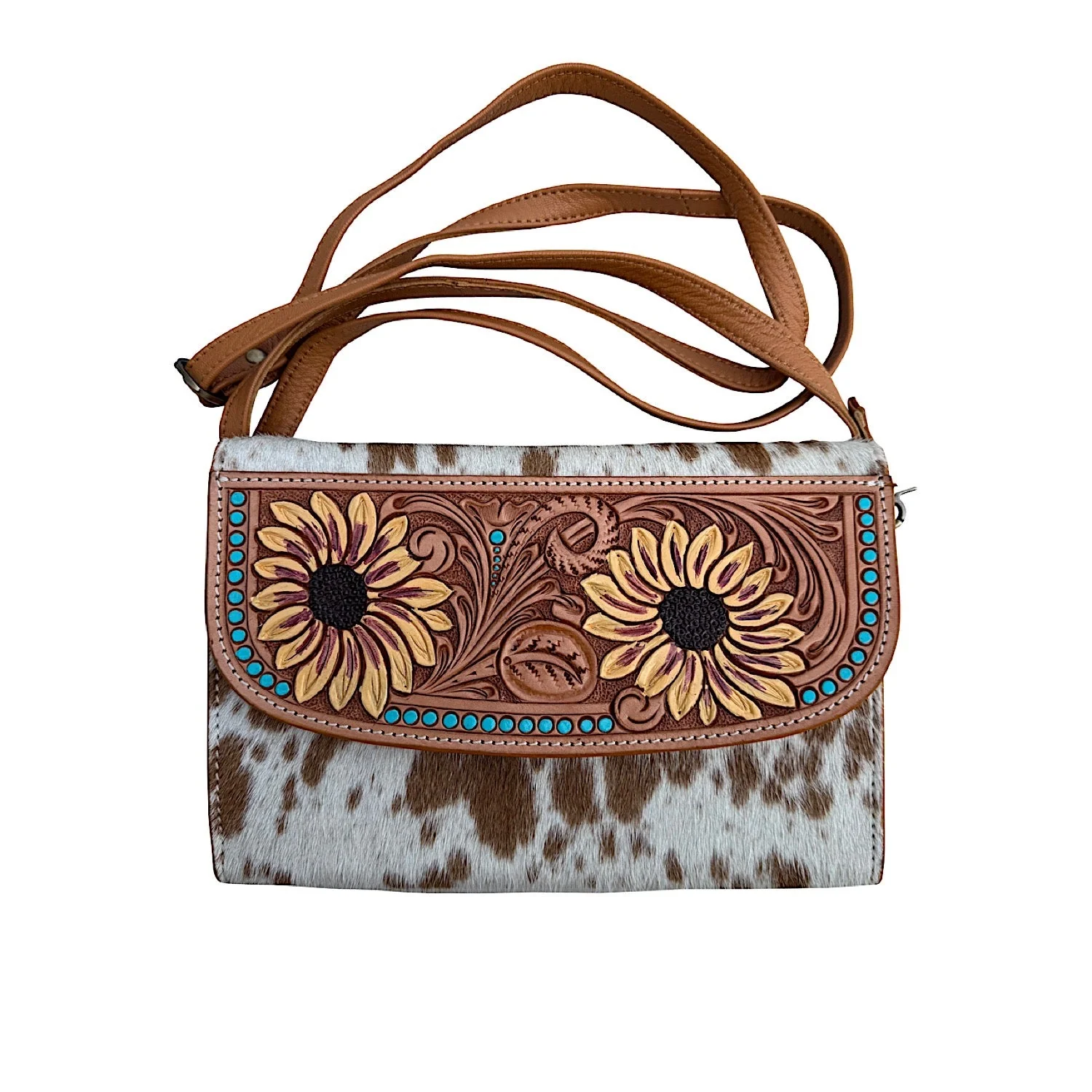 The Design Edge Women's Cowhide Sunflower Tooling Leather Wallet Bag – Tan