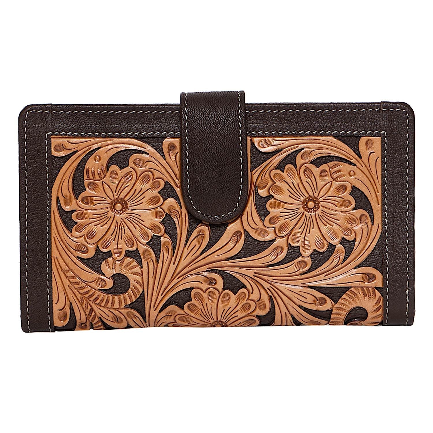 The Design Edge Women's Tooling Leather Carved Clutch Wallet – Brown