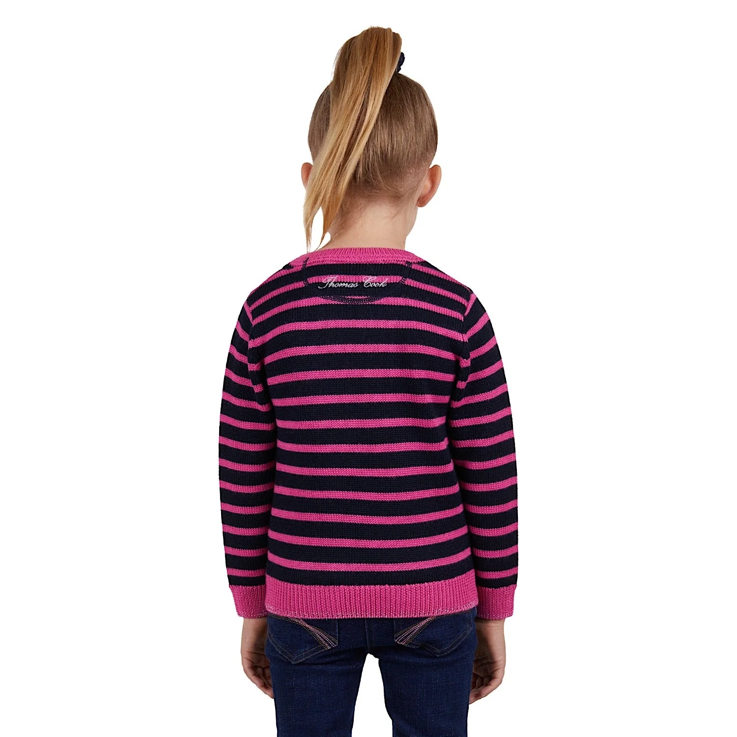 Thomas Cook Girls Sally Merino Stripe Knit Jumper Navy/Raspberry - Image 3