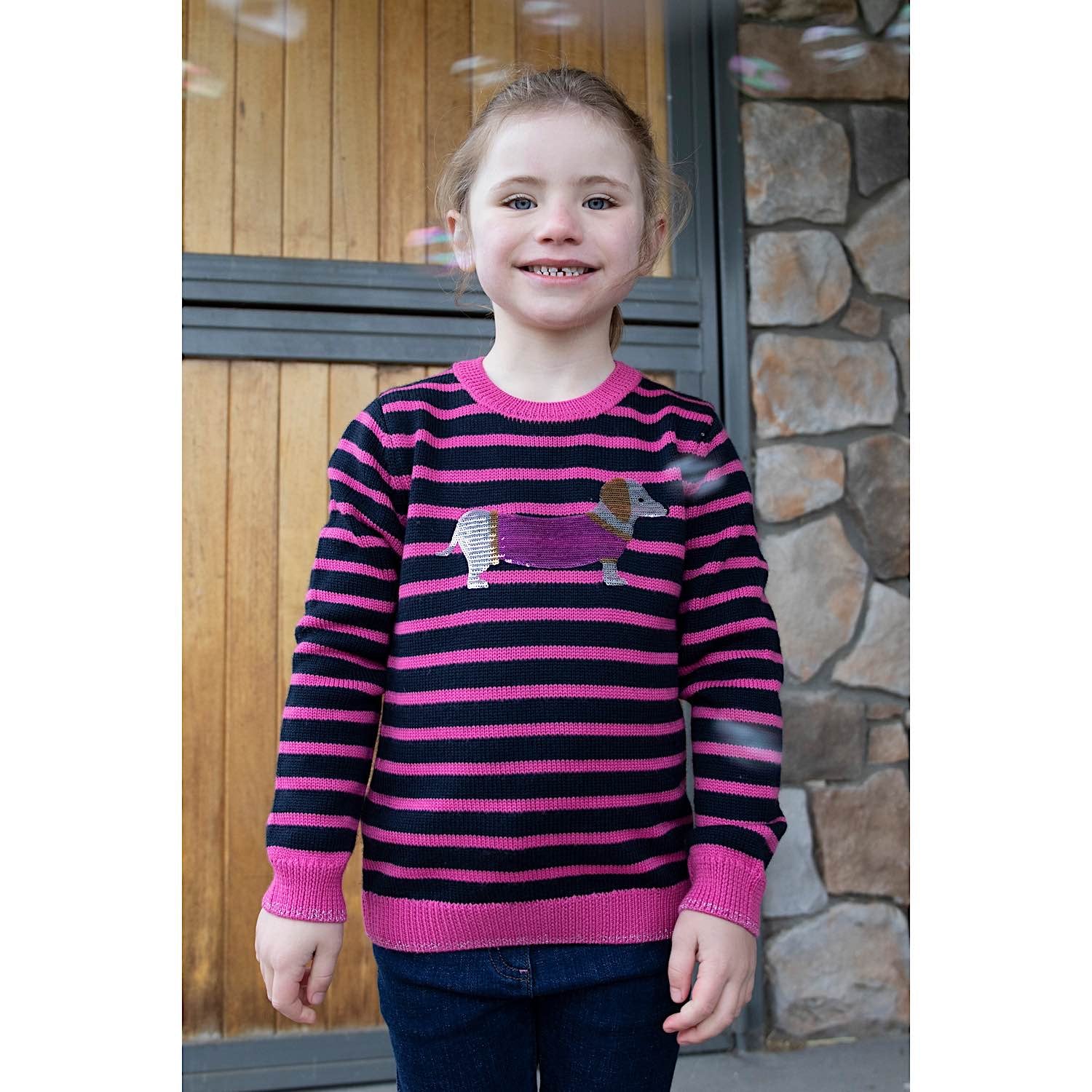 Thomas Cook Girls Sally Merino Stripe Knit Jumper Navy/Raspberry - Image 4
