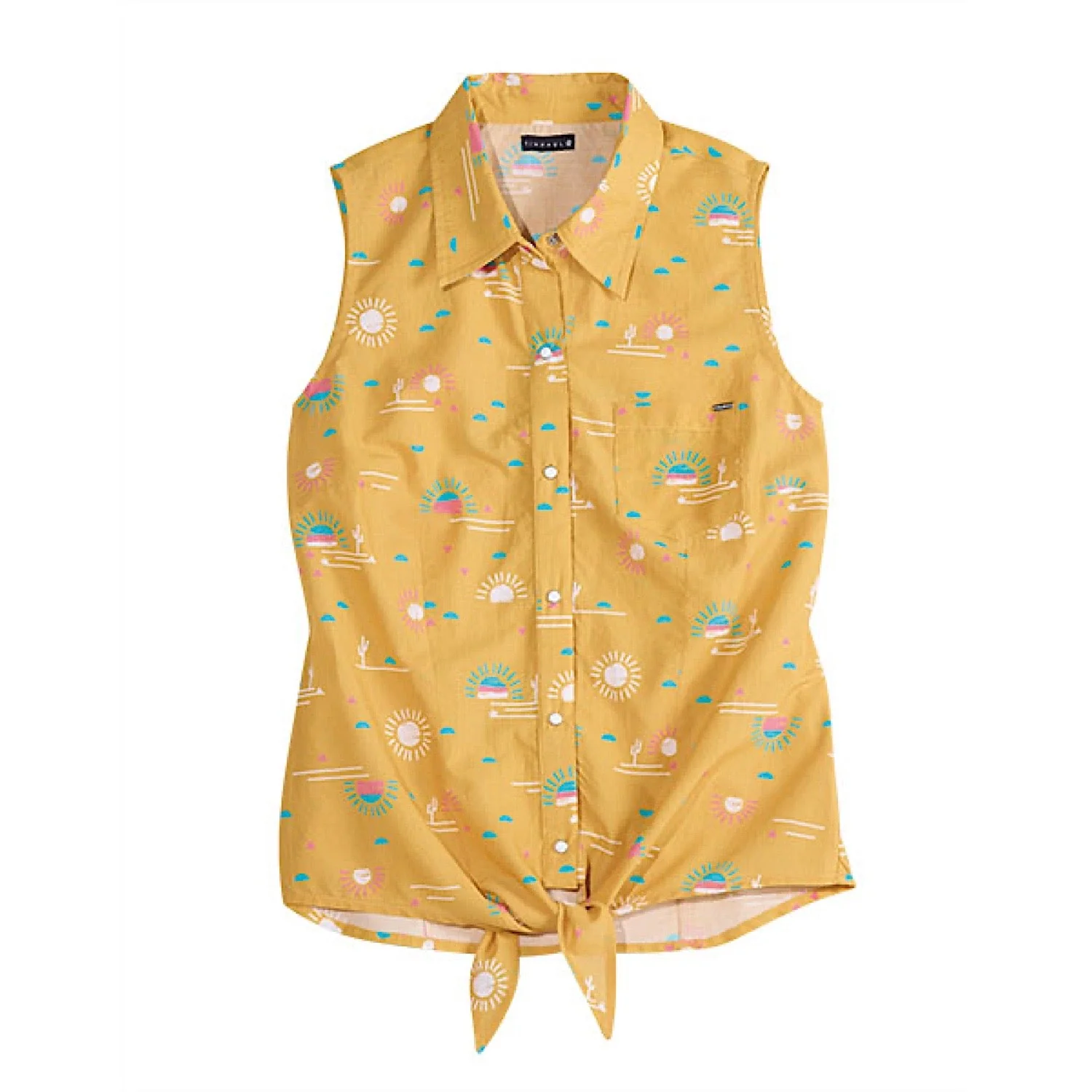 Tin Haul Women's Sleeveless Snap Western Shirt - Mustard Yellow Print