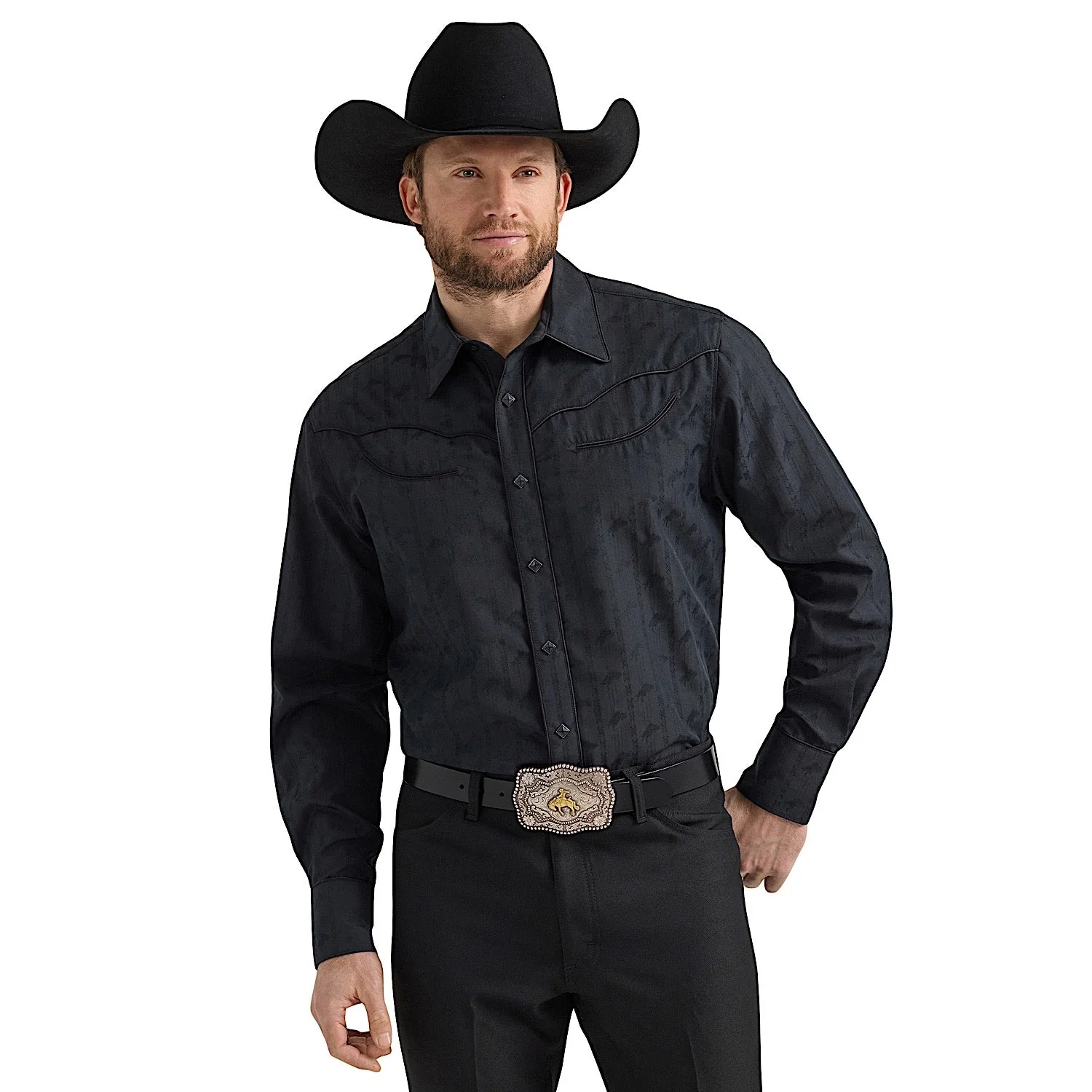 Wrangler Men's Ben Rodeo Western Snap Shirt - Black Dobby - Image 4