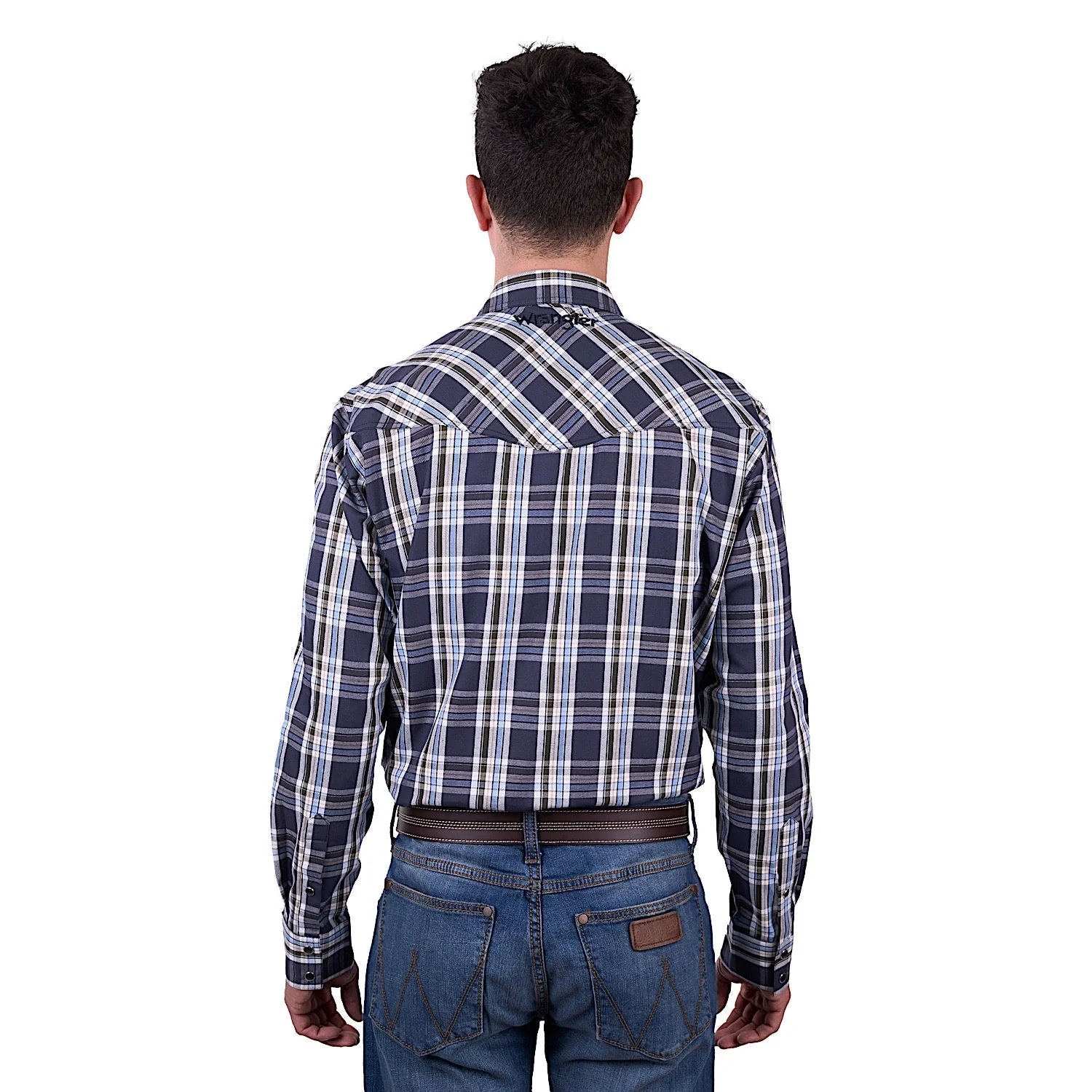 Wrangler Men's Finn Check Logo Western Long Sleeve Shirt - Charcoal/Blue - Image 2
