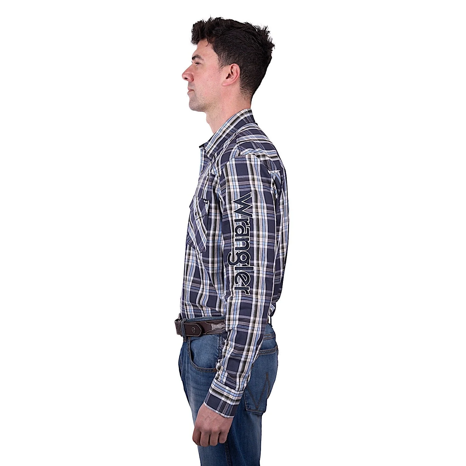 Wrangler Men's Finn Check Logo Western Long Sleeve Shirt - Charcoal/Blue - Image 3