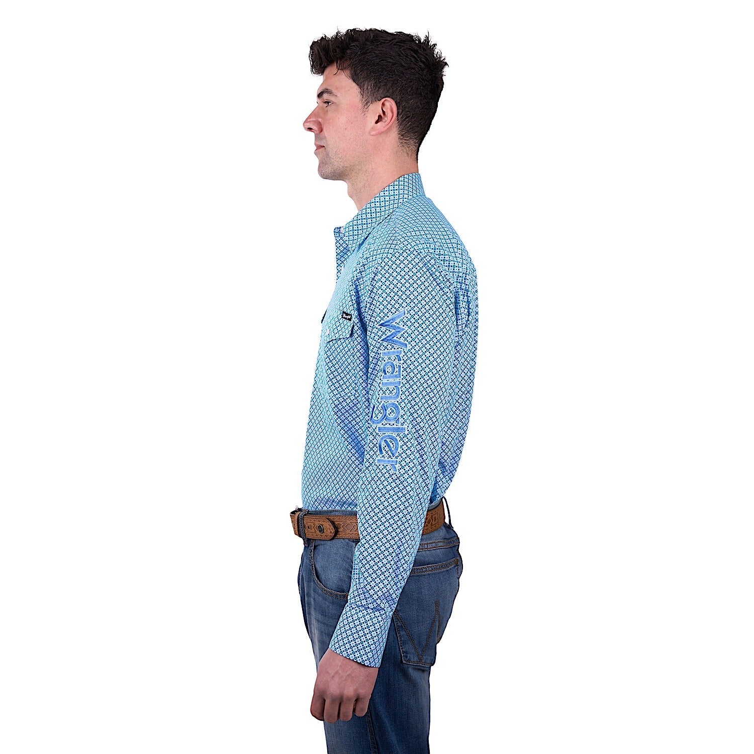 Wrangler Men's Jude Print Logo Western Long Sleeve Shirt - Blue/Teal - Image 2