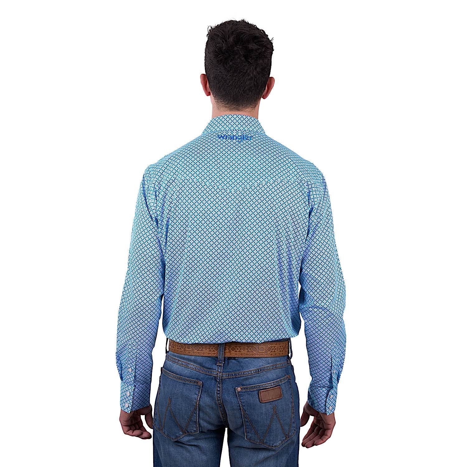 Wrangler Men's Jude Print Logo Western Long Sleeve Shirt - Blue/Teal - Image 3
