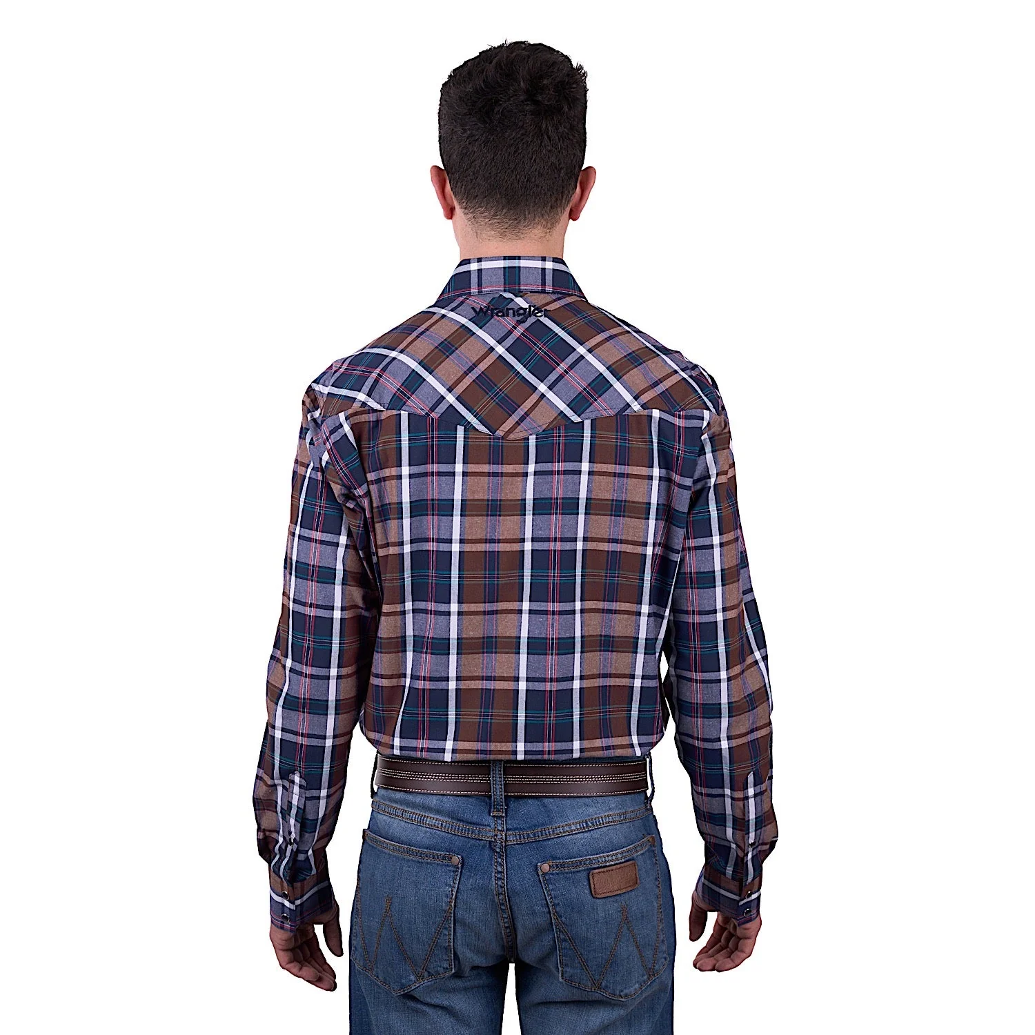 Wrangler Men's Milo Check Logo Western Long Sleeve Shirt - Tan/Navy - Image 2