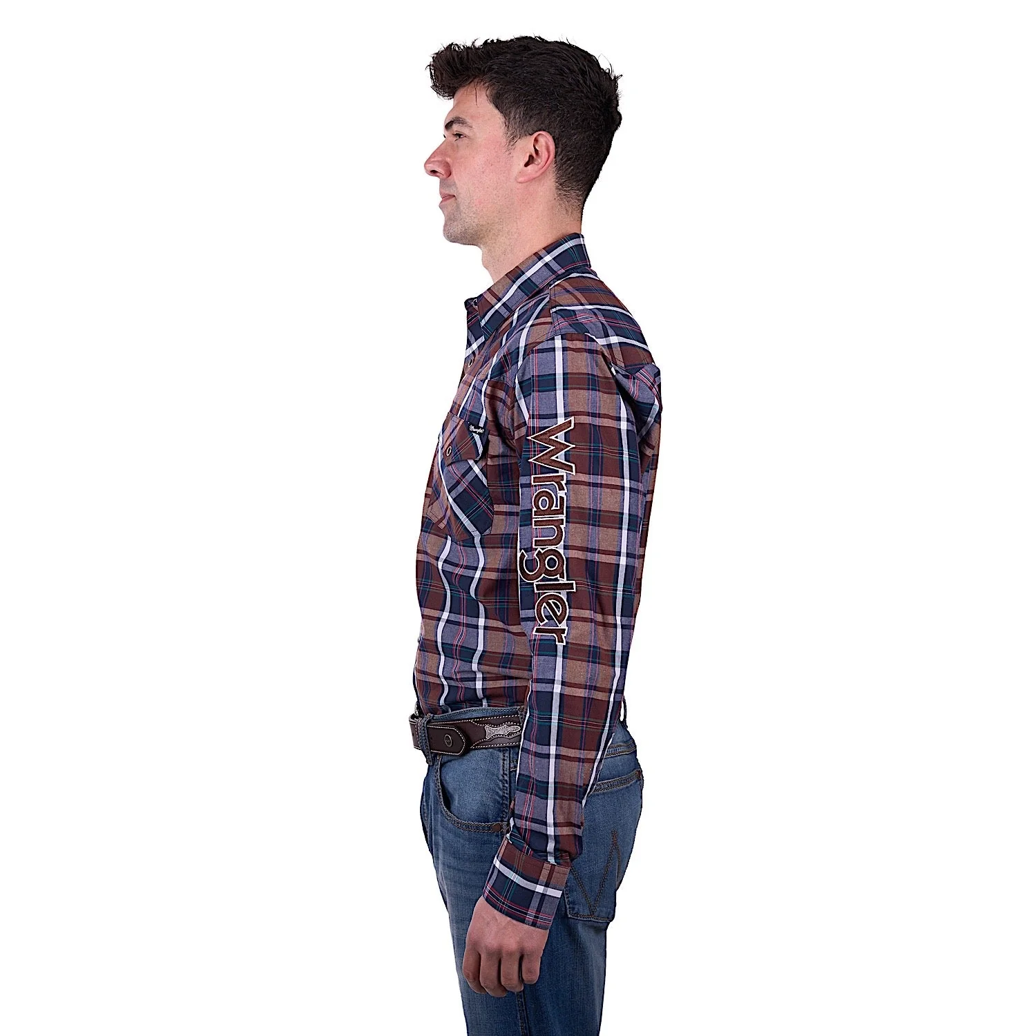 Wrangler Men's Milo Check Logo Western Long Sleeve Shirt - Tan/Navy - Image 3