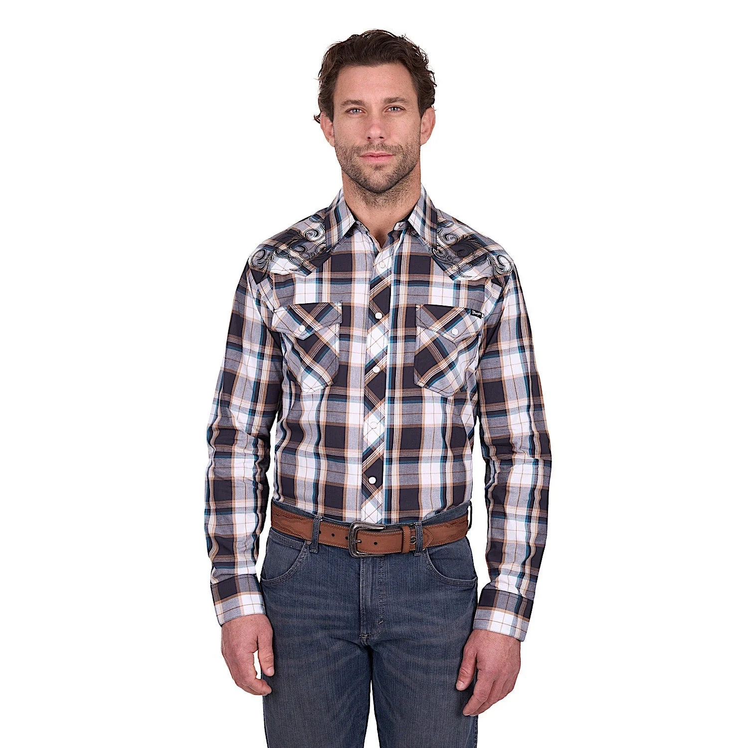 Wrangler Men's Ricky Embroidered Shirt - Black/Tan